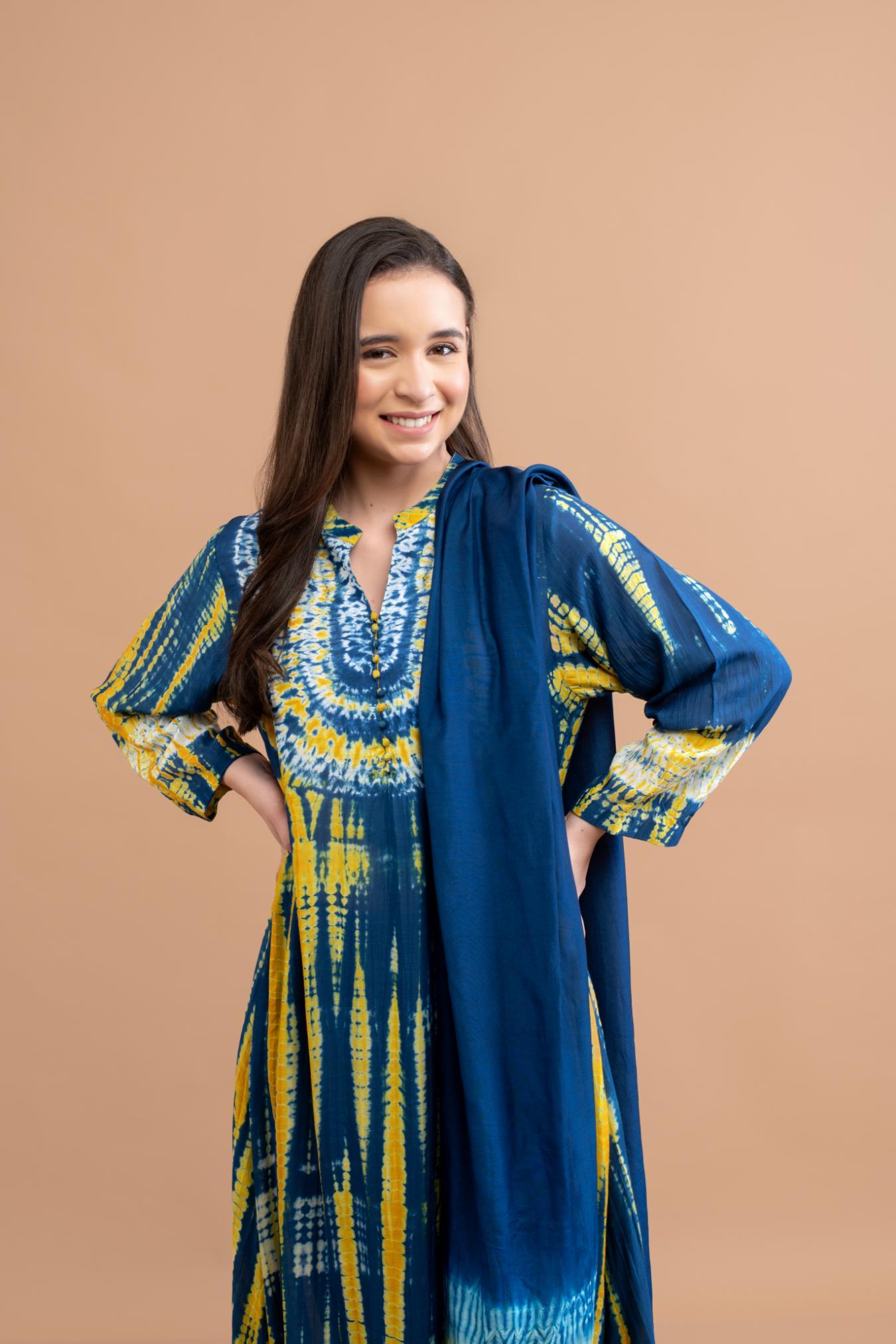Blue Mustard Yellow Shibori Yoke & Tie Dye Kurta Set of 3