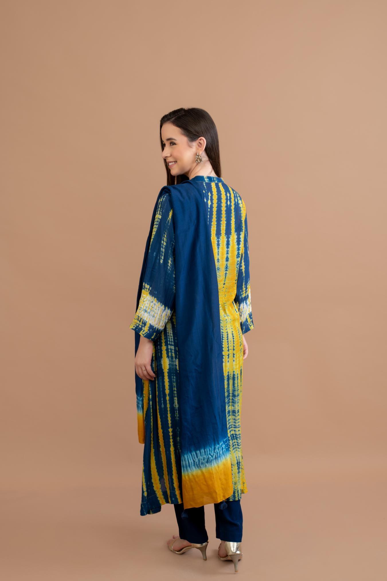 Blue Mustard Yellow Shibori Yoke & Tie Dye Kurta Set of 3