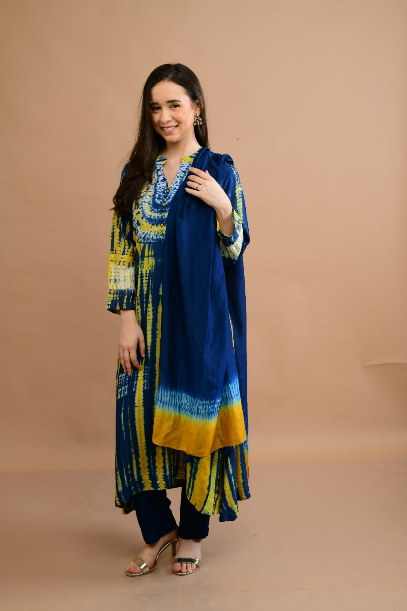 Blue Mustard Yellow Shibori Yoke & Tie Dye Kurta Set of 3