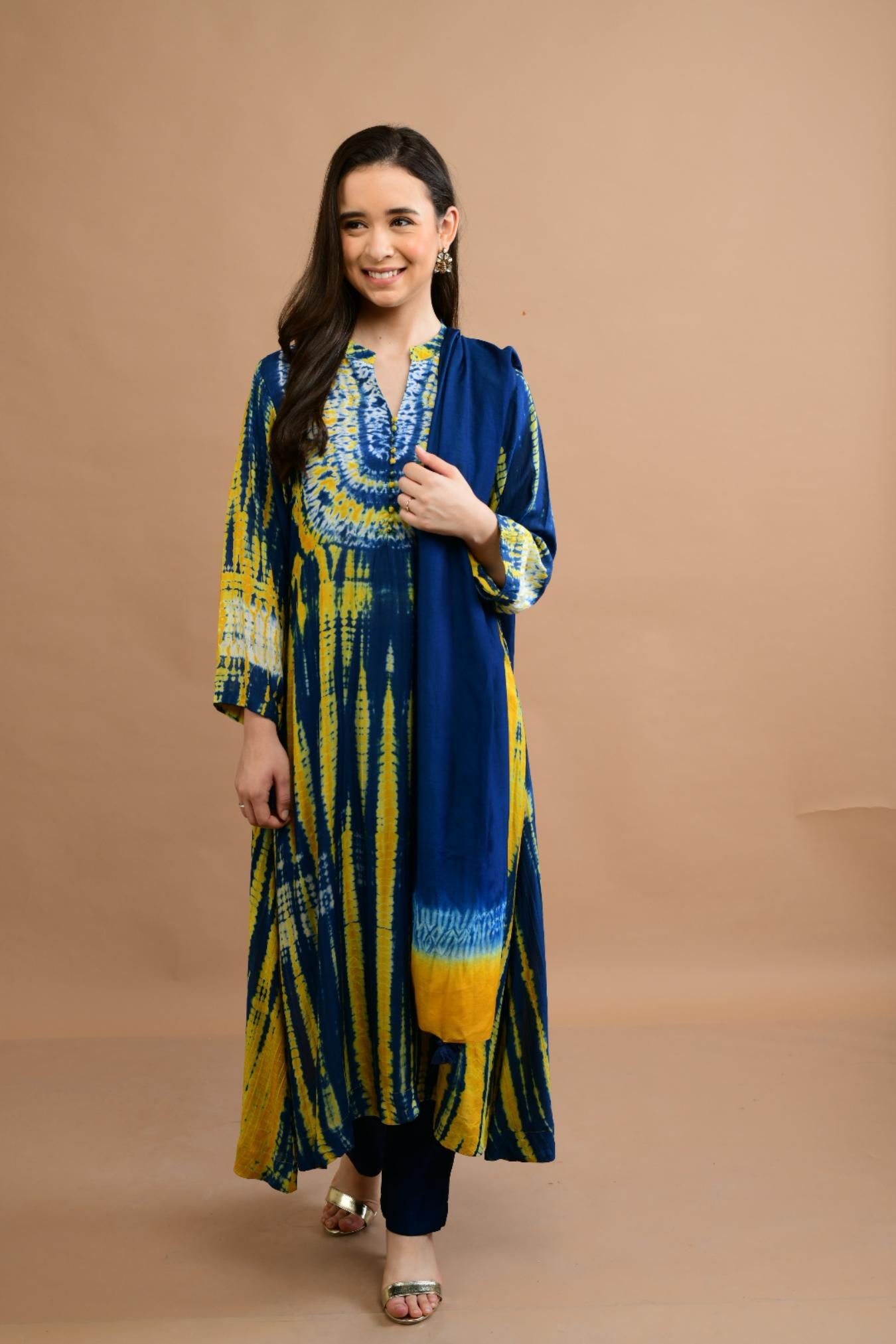 Blue Mustard Yellow Shibori Yoke & Tie Dye Kurta Set of 3