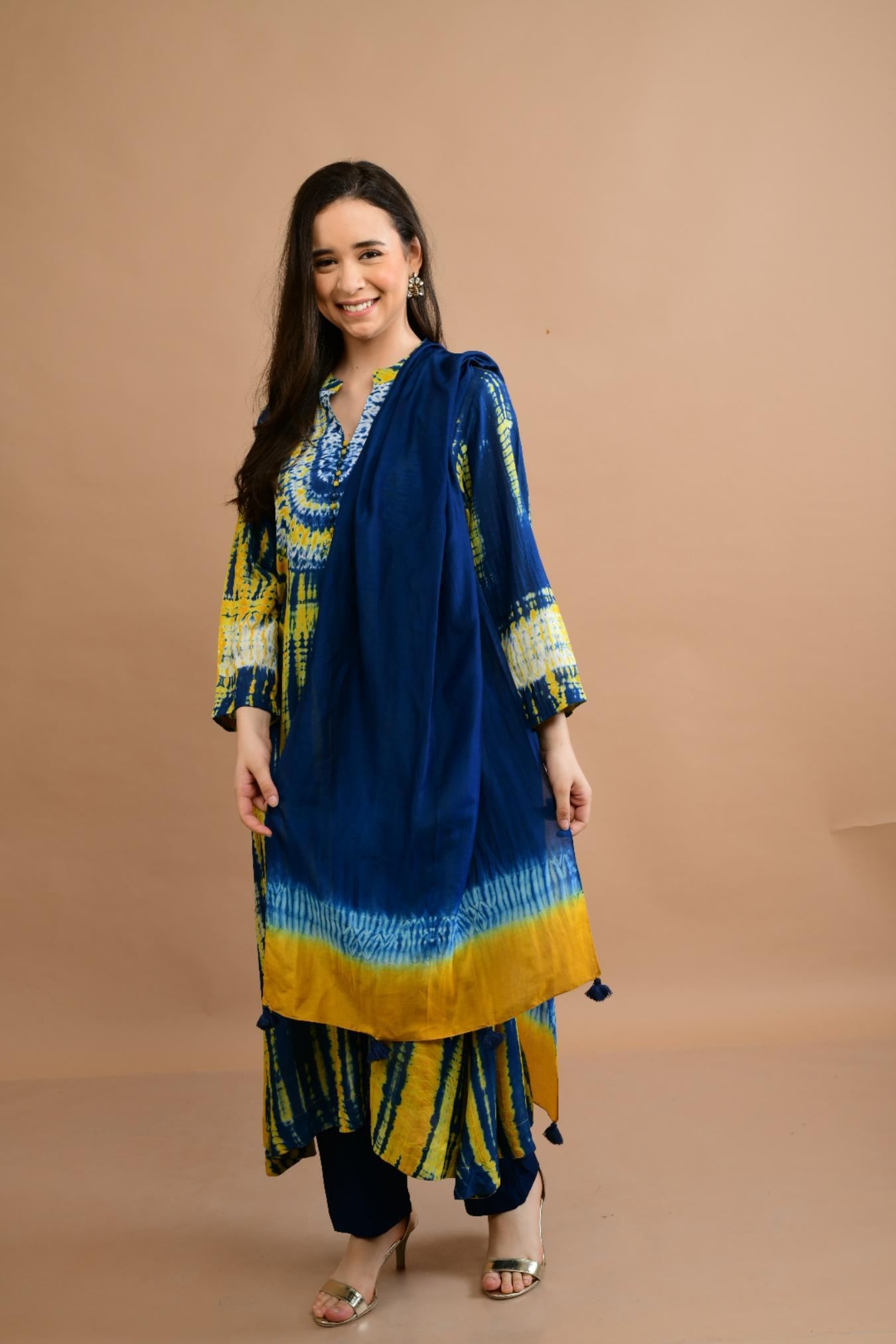 Blue Mustard Yellow Shibori Yoke & Tie Dye Kurta Set of 3