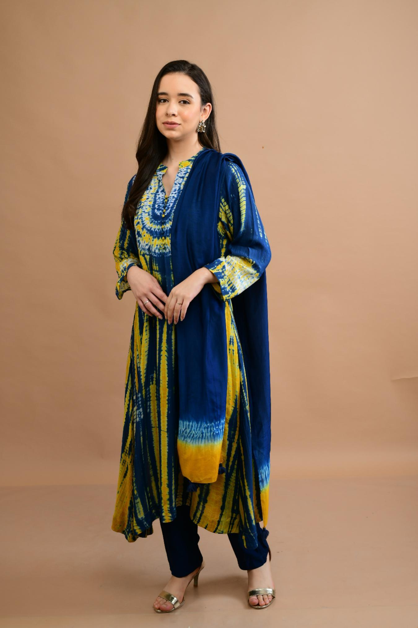 Blue Mustard Yellow Shibori Yoke & Tie Dye Kurta Set of 3