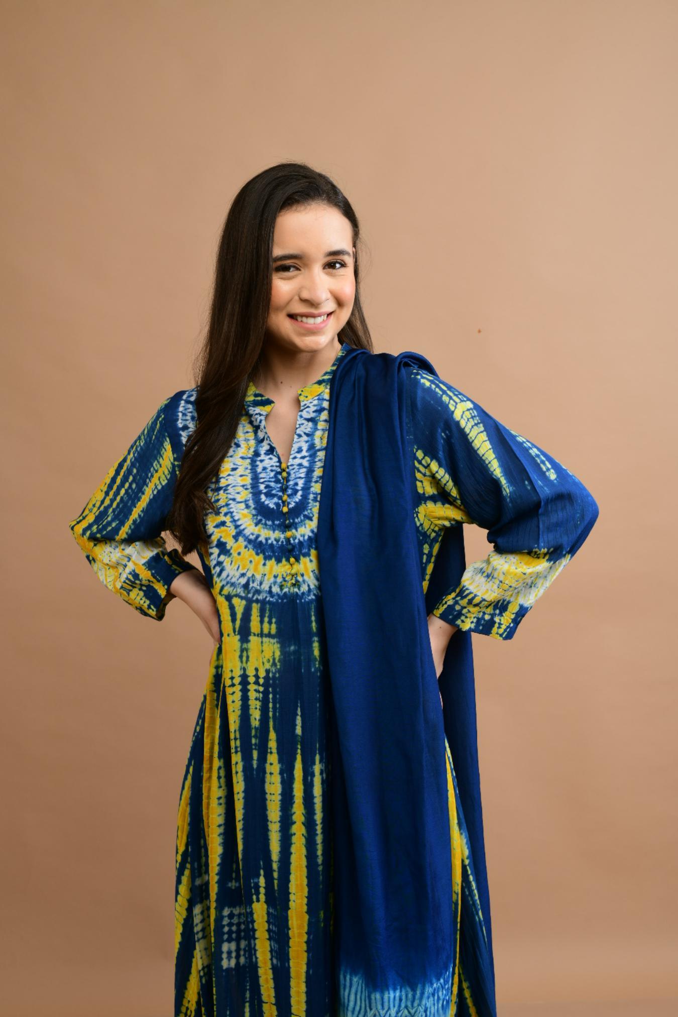 Blue Mustard Yellow Shibori Yoke & Tie Dye Kurta Set of 3