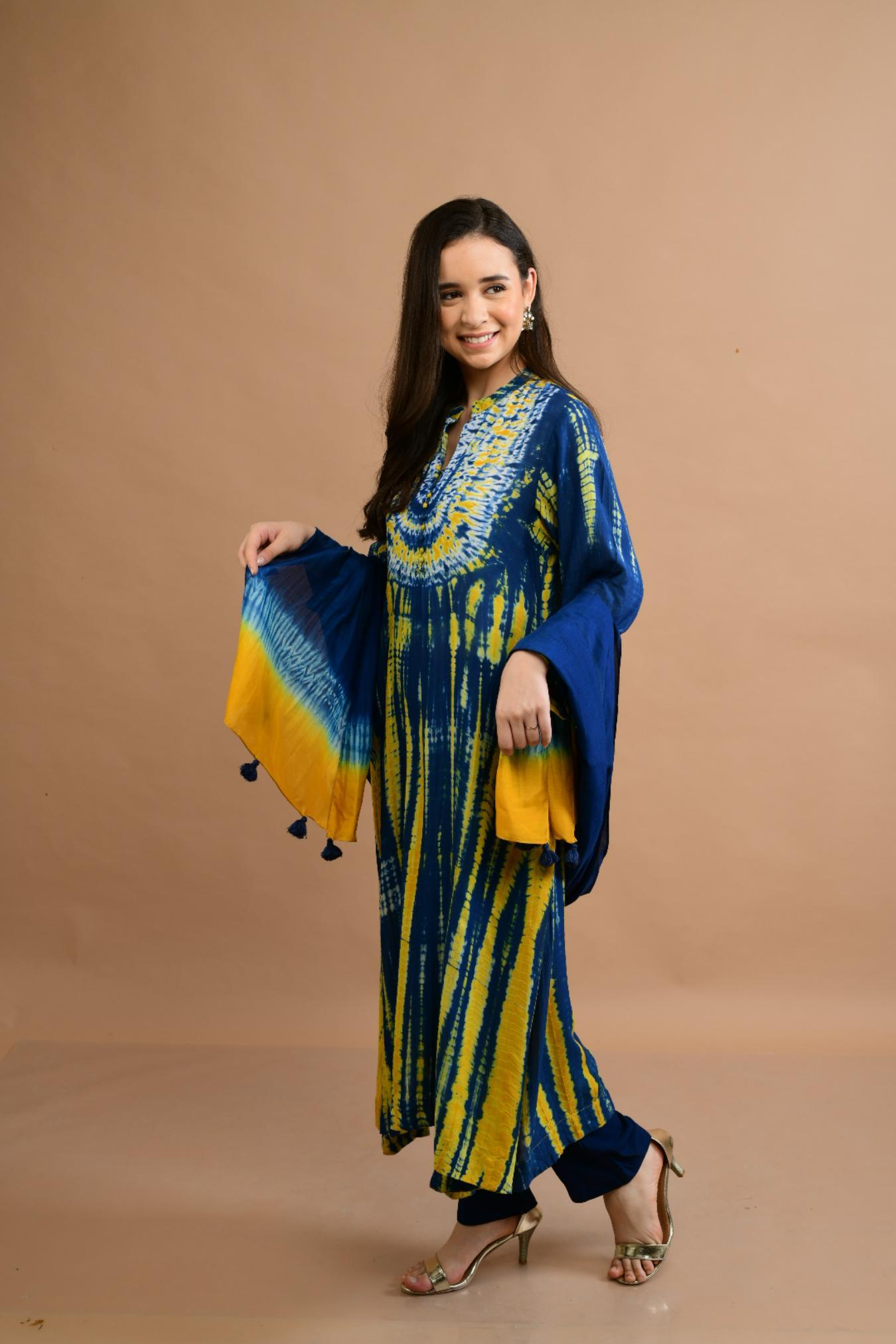 Blue Mustard Yellow Shibori Yoke & Tie Dye Kurta Set of 3