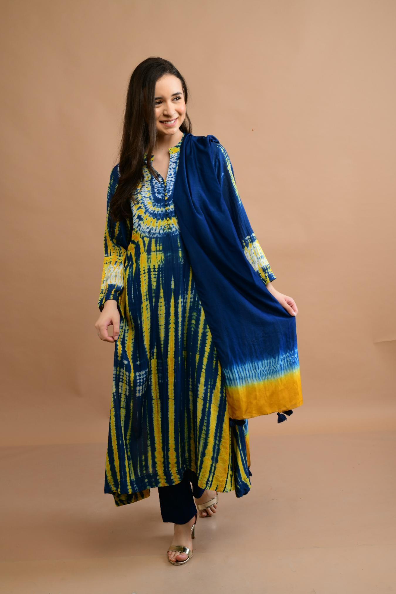 Blue Mustard Yellow Shibori Yoke & Tie Dye Kurta Set of 3
