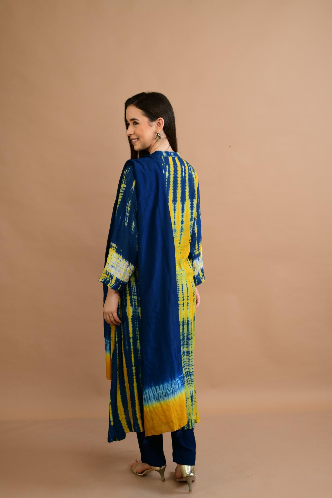 Blue Mustard Yellow Shibori Yoke & Tie Dye Kurta Set of 3
