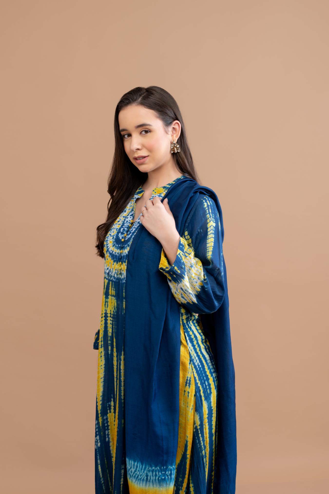 Blue Mustard Yellow Shibori Yoke & Tie Dye Kurta Set of 3