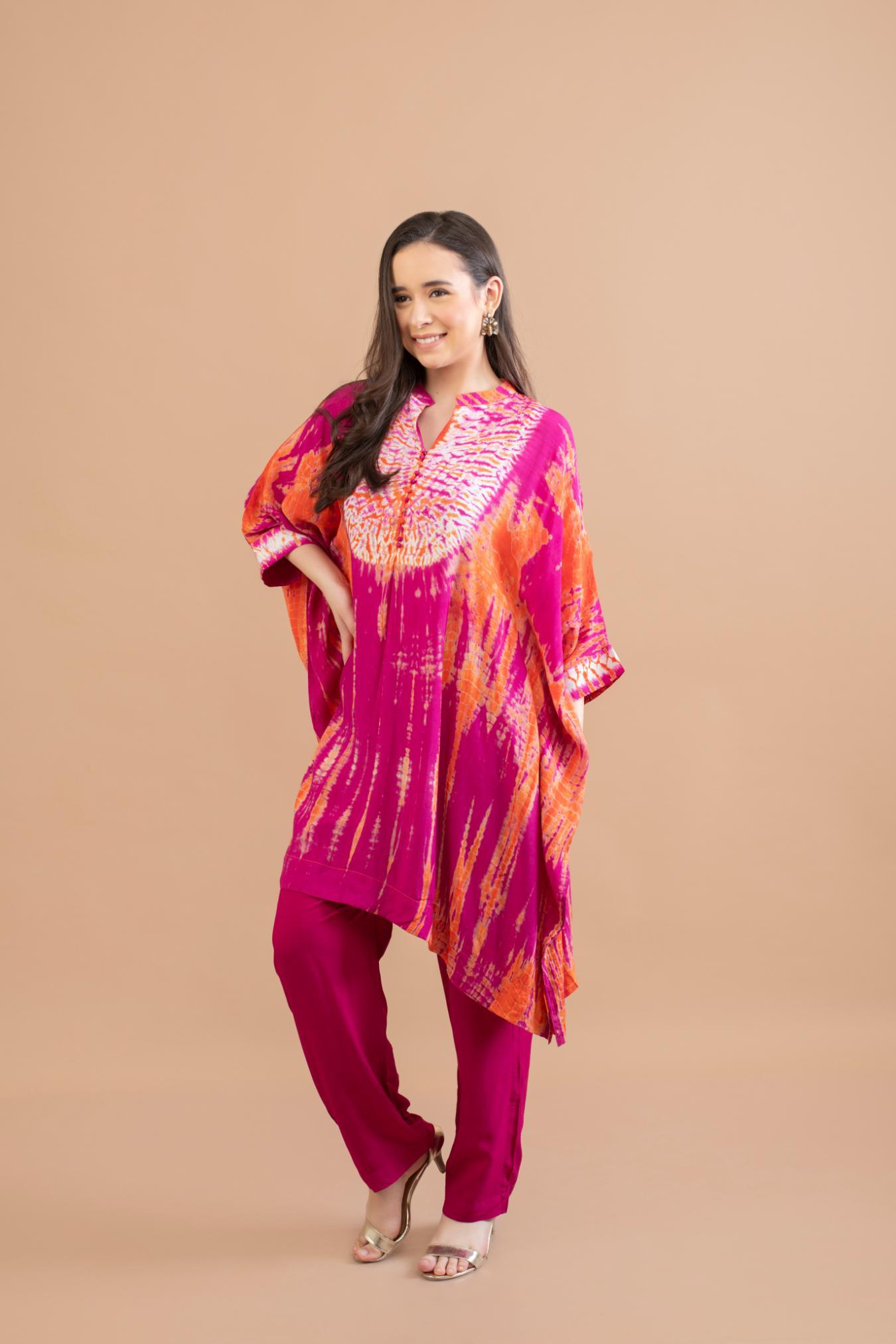 ORANGE PINK SHIBORI YOKE AND TUNIC SET OF 2