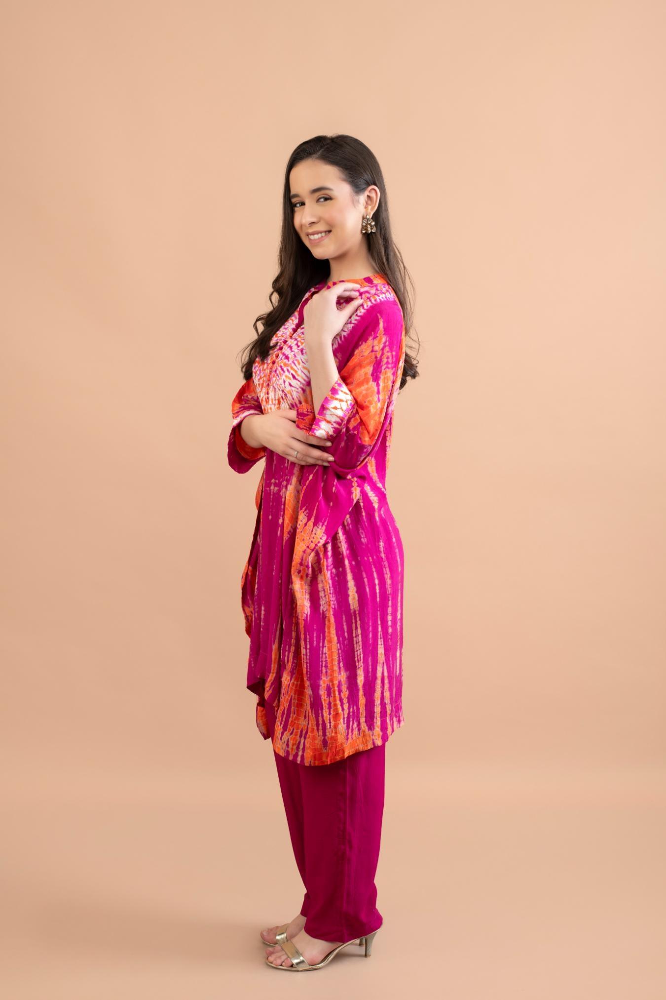 ORANGE PINK SHIBORI YOKE AND TUNIC SET OF 2