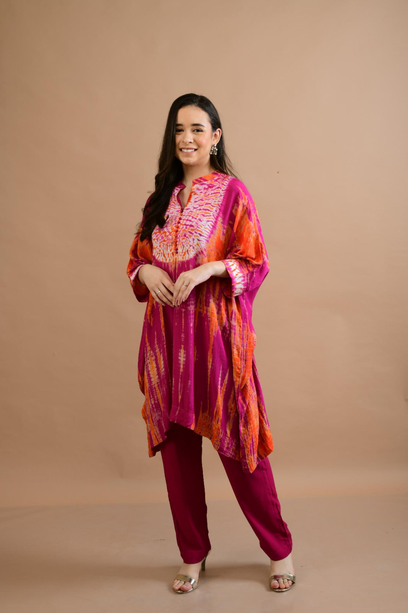 ORANGE PINK SHIBORI YOKE AND TUNIC SET OF 2