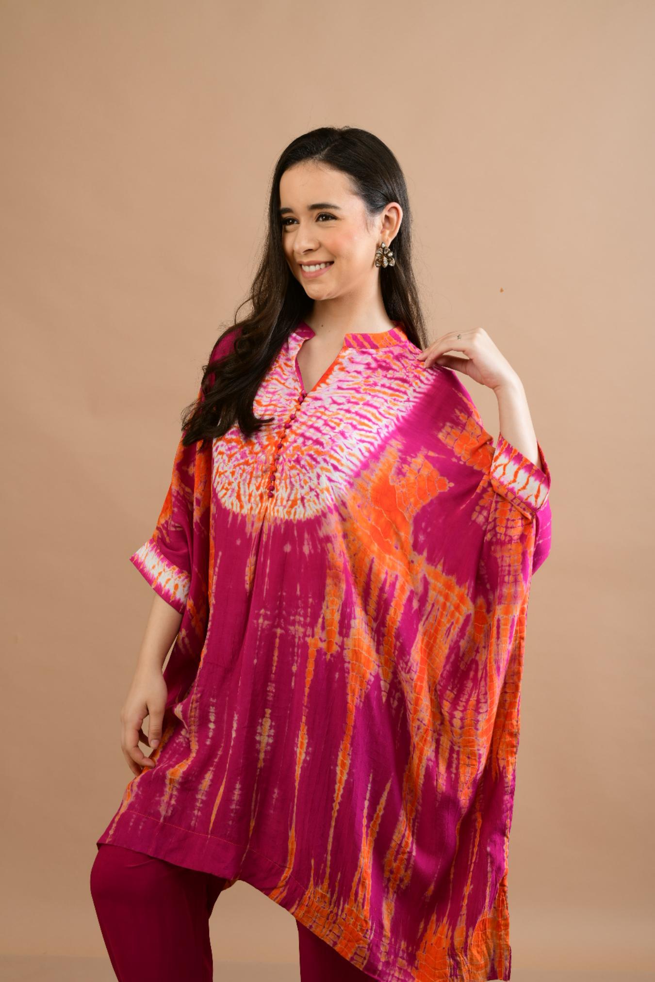 ORANGE PINK SHIBORI YOKE AND TUNIC SET OF 2