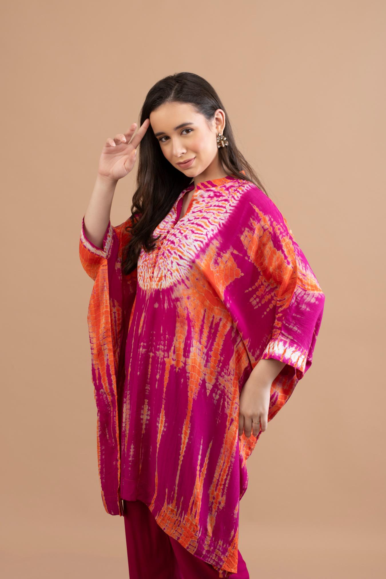 ORANGE PINK SHIBORI YOKE AND TUNIC SET OF 2
