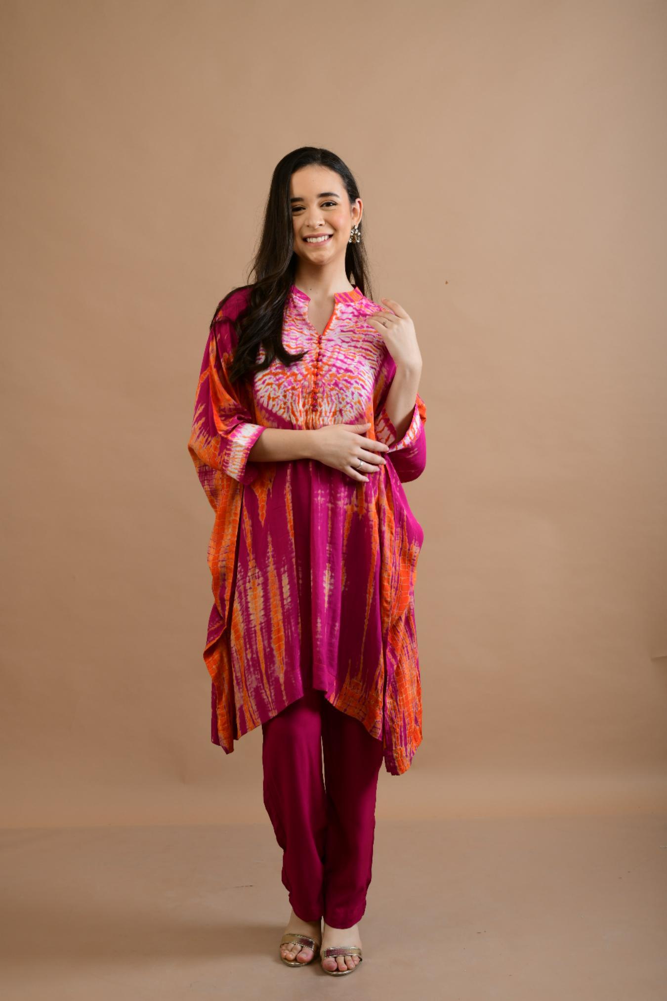 ORANGE PINK SHIBORI YOKE AND TUNIC SET OF 2