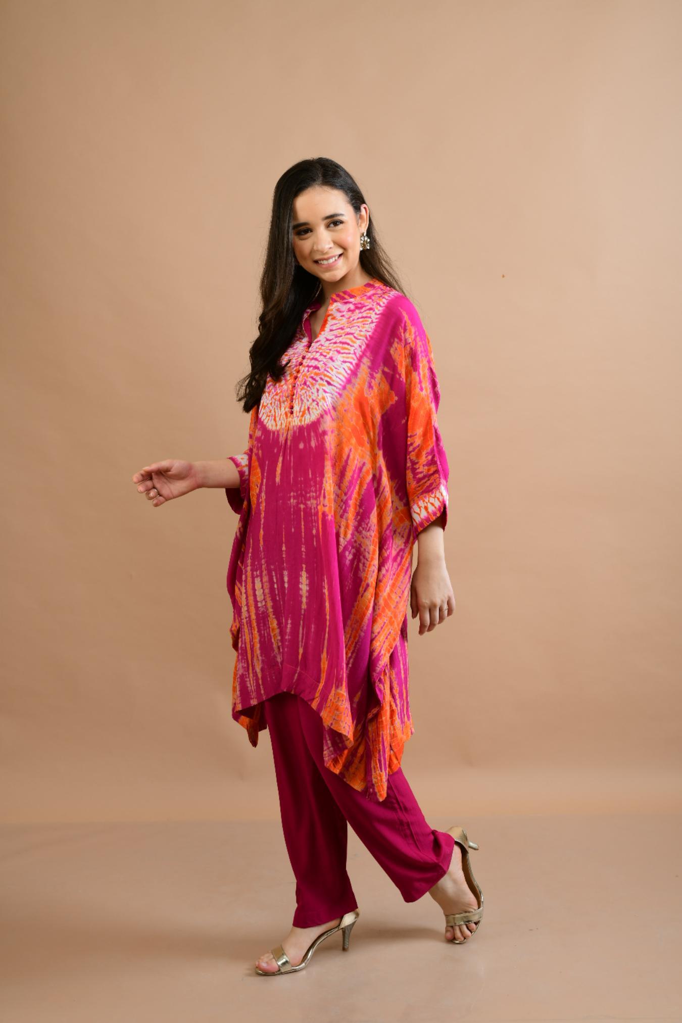 ORANGE PINK SHIBORI YOKE AND TUNIC SET OF 2