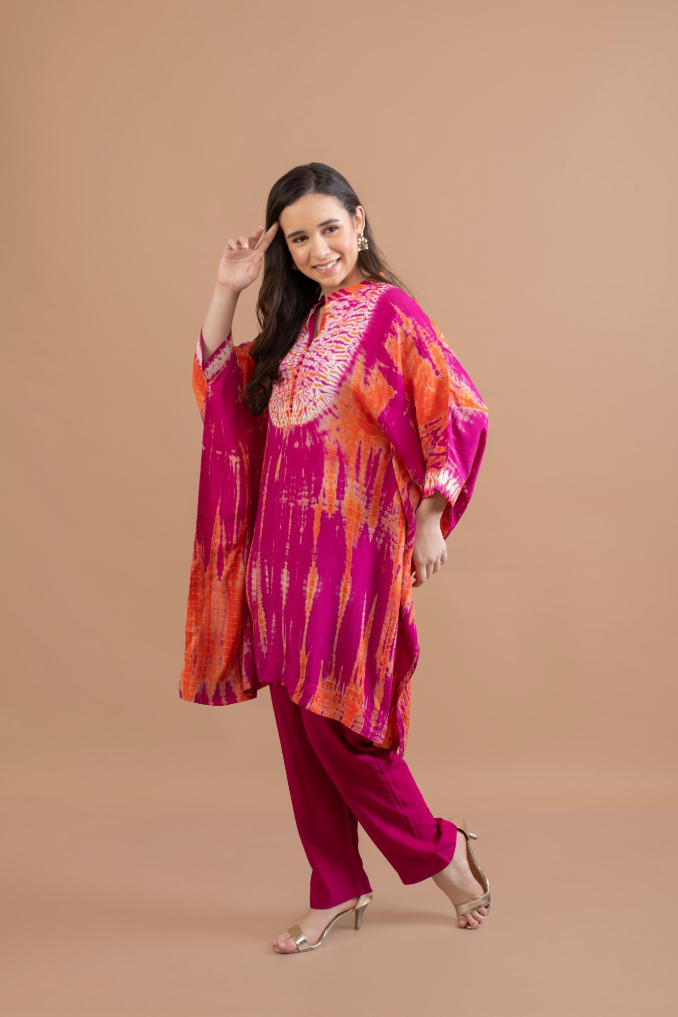 ORANGE PINK SHIBORI YOKE AND TUNIC SET OF 2