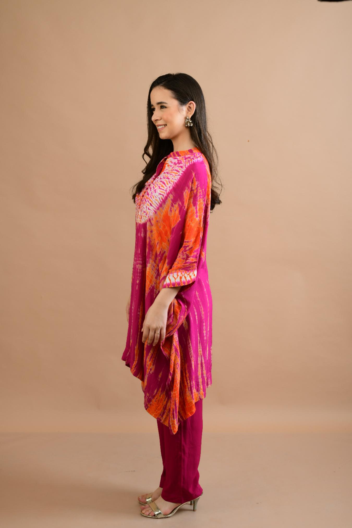 ORANGE PINK SHIBORI YOKE AND TUNIC SET OF 2
