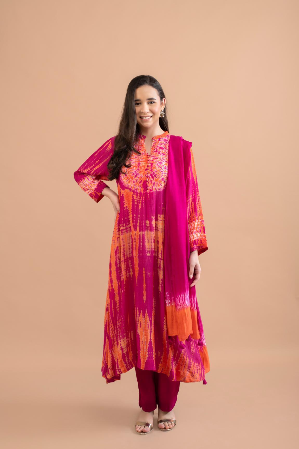 ORANGE PINK SHIBORI YOKE AND TIE DYE KURTA SET OF 3