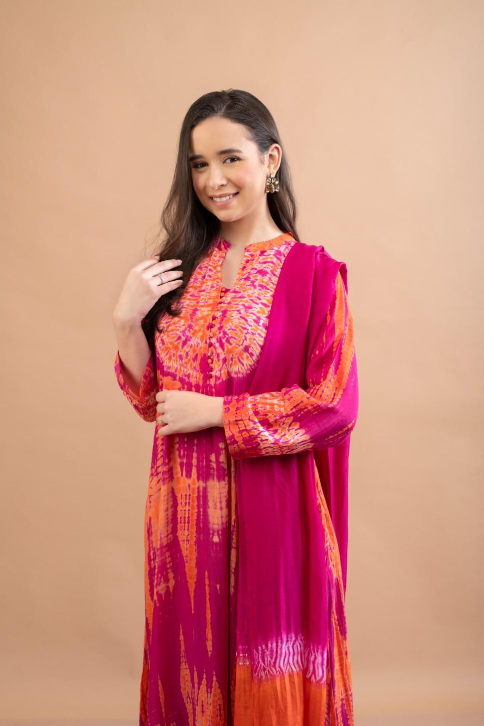 ORANGE PINK SHIBORI YOKE AND TIE DYE KURTA SET OF 3
