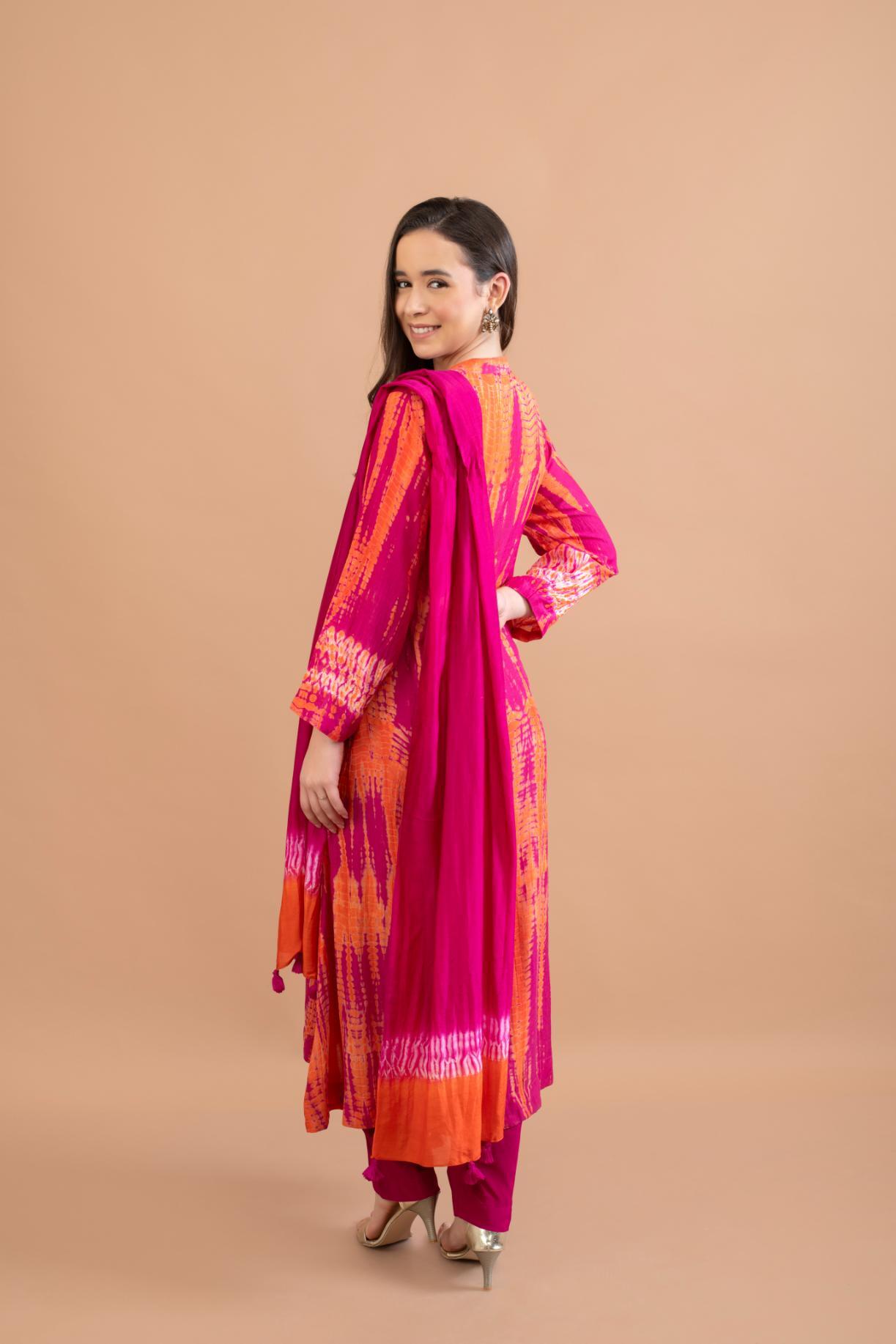 ORANGE PINK SHIBORI YOKE AND TIE DYE KURTA SET OF 3