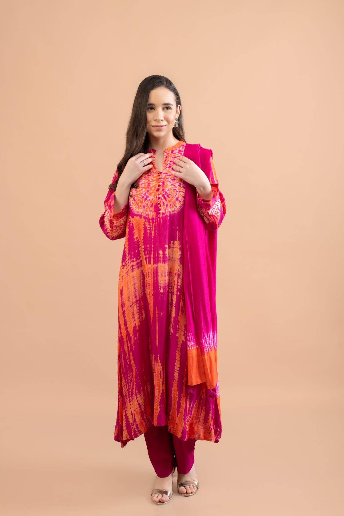 ORANGE PINK SHIBORI YOKE AND TIE DYE KURTA SET OF 3