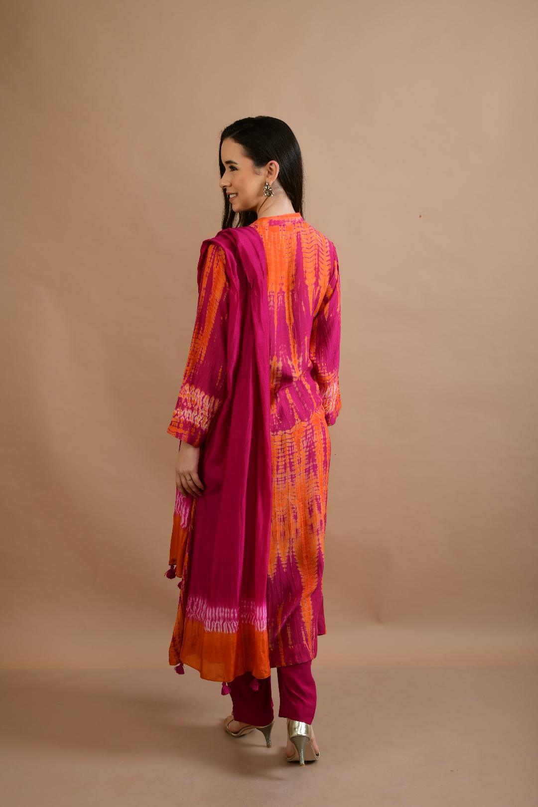 ORANGE PINK SHIBORI YOKE AND TIE DYE KURTA SET OF 3