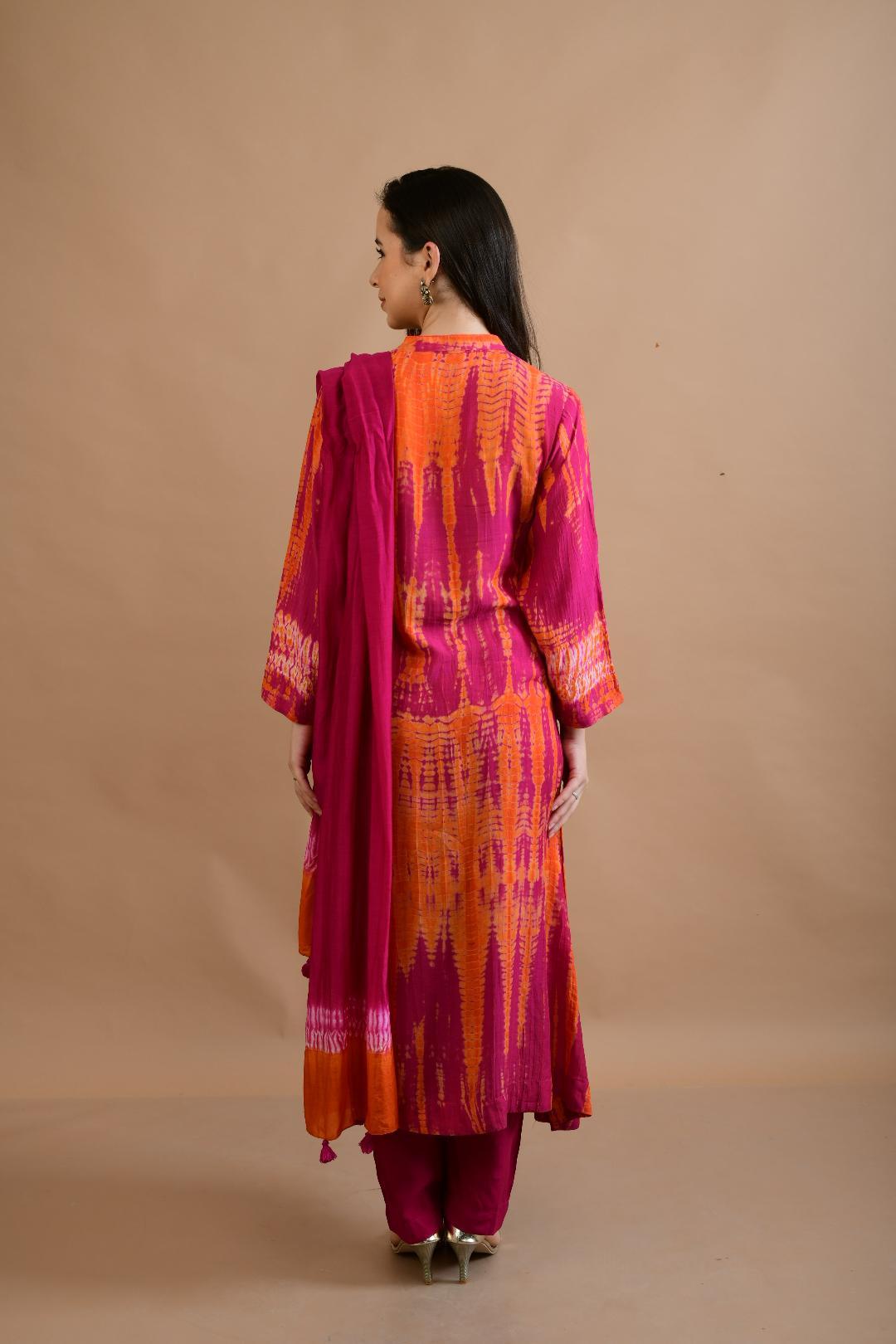 ORANGE PINK SHIBORI YOKE AND TIE DYE KURTA SET OF 3