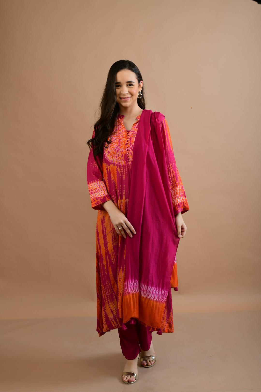 ORANGE PINK SHIBORI YOKE AND TIE DYE KURTA SET OF 3