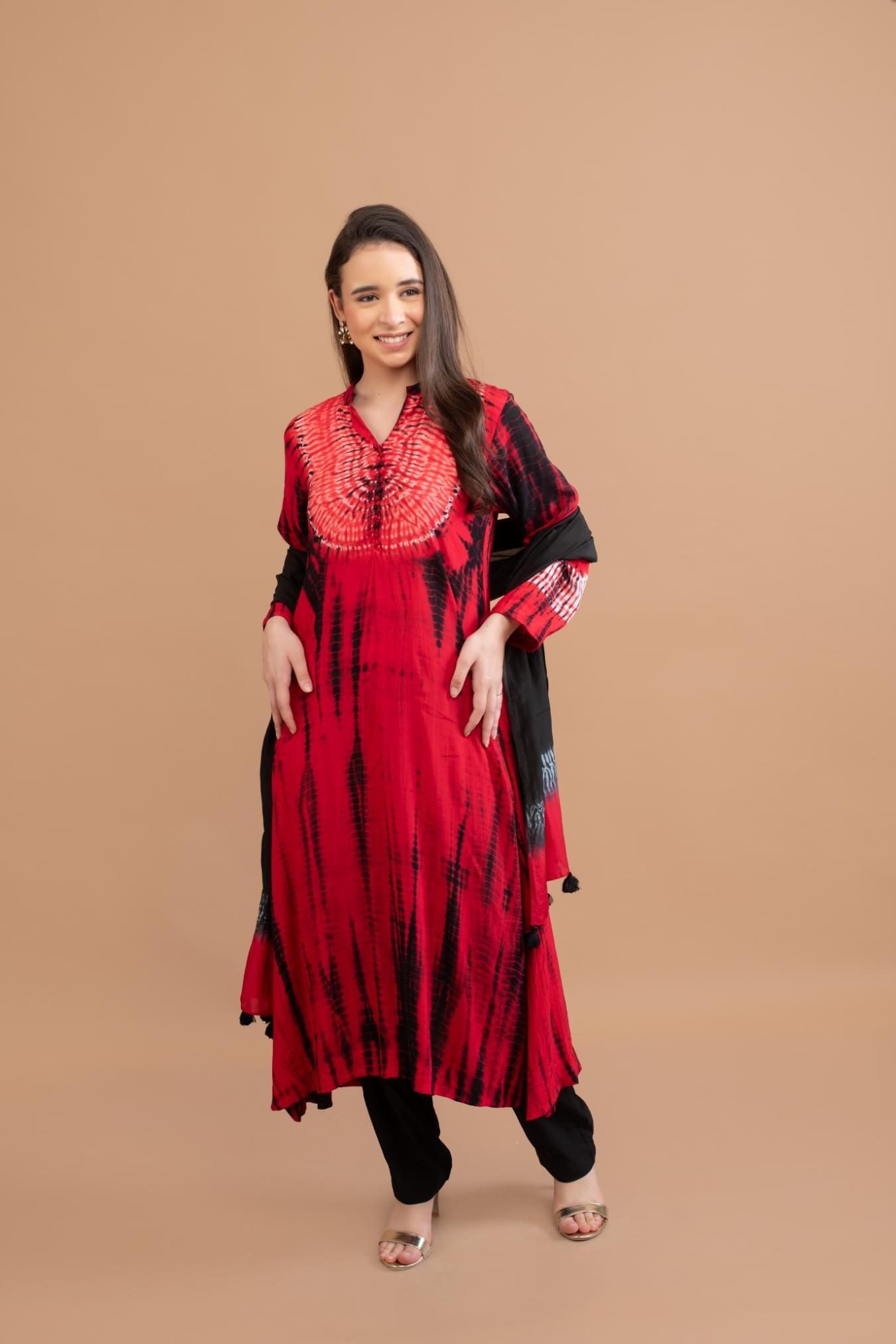 RED BLACK SHIBORI YOKE AND TIE DYE KURTA SET OF 3