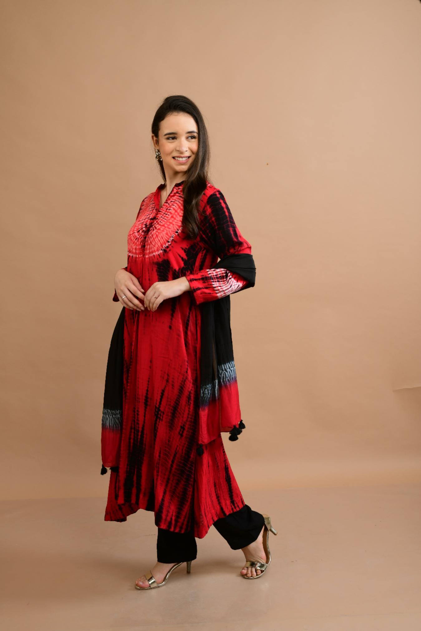 RED BLACK SHIBORI YOKE AND TIE DYE KURTA SET OF 3