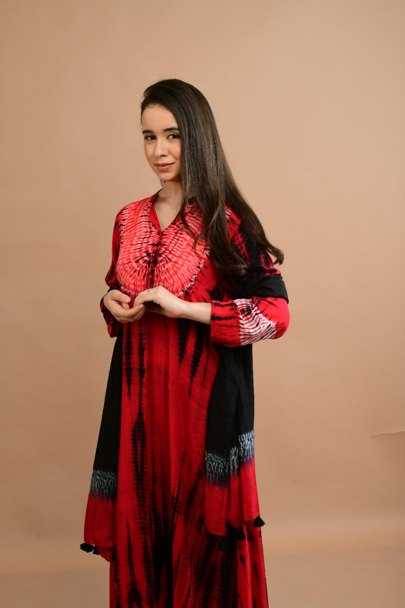 RED BLACK SHIBORI YOKE AND TIE DYE KURTA SET OF 3