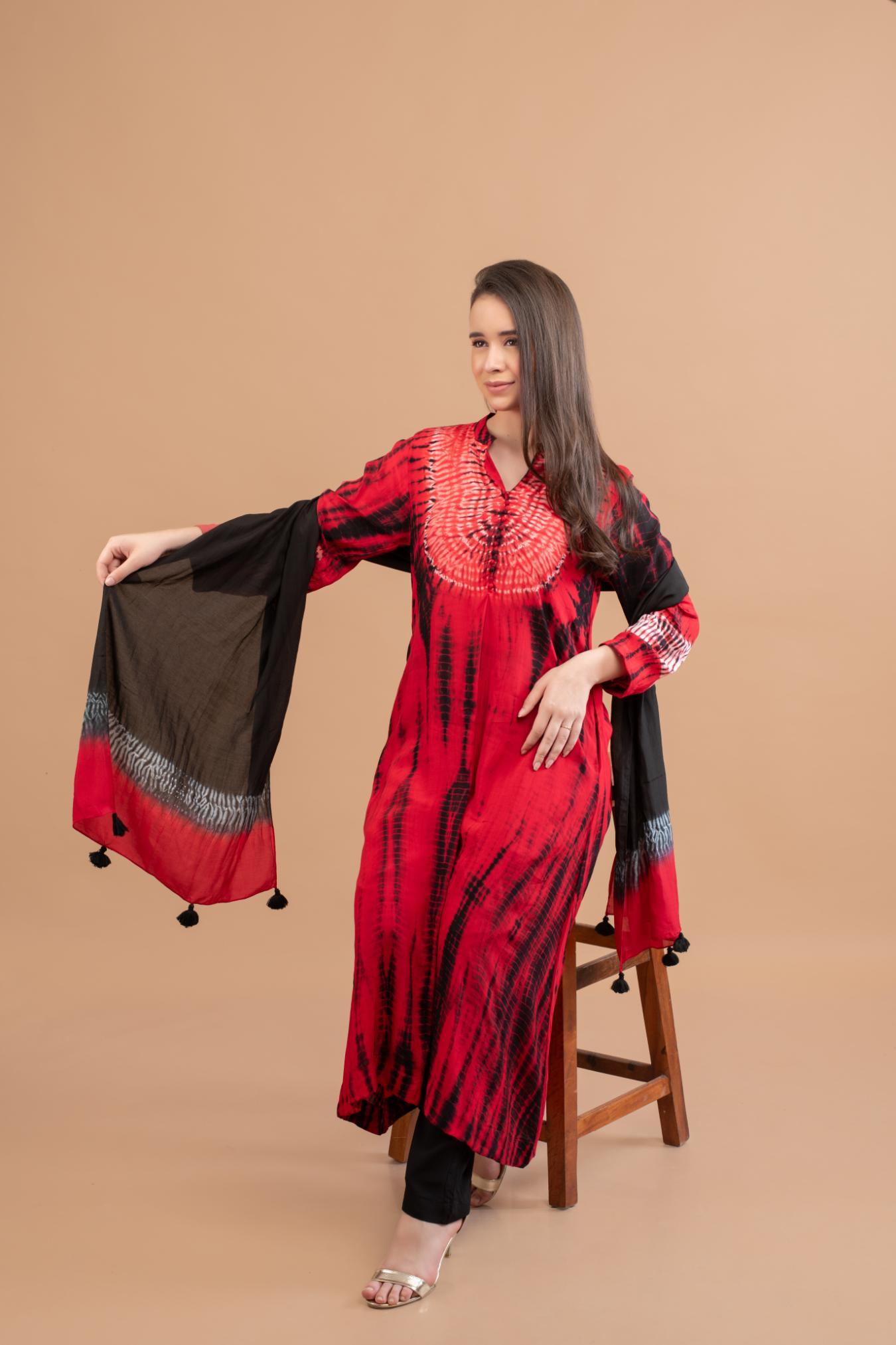 RED BLACK SHIBORI YOKE AND TIE DYE KURTA SET OF 3