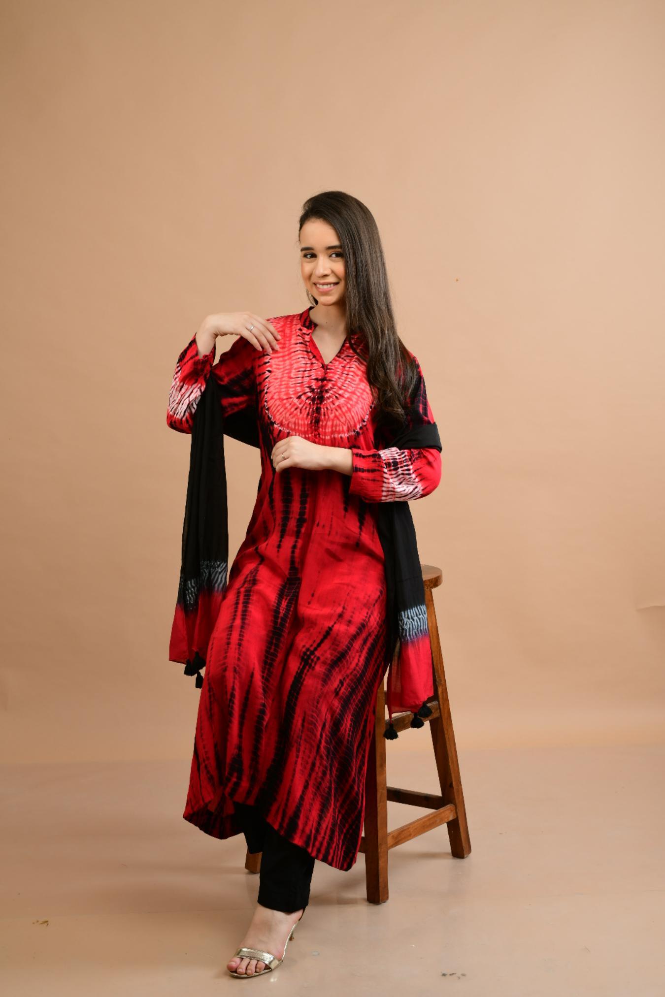 RED BLACK SHIBORI YOKE AND TIE DYE KURTA SET OF 3