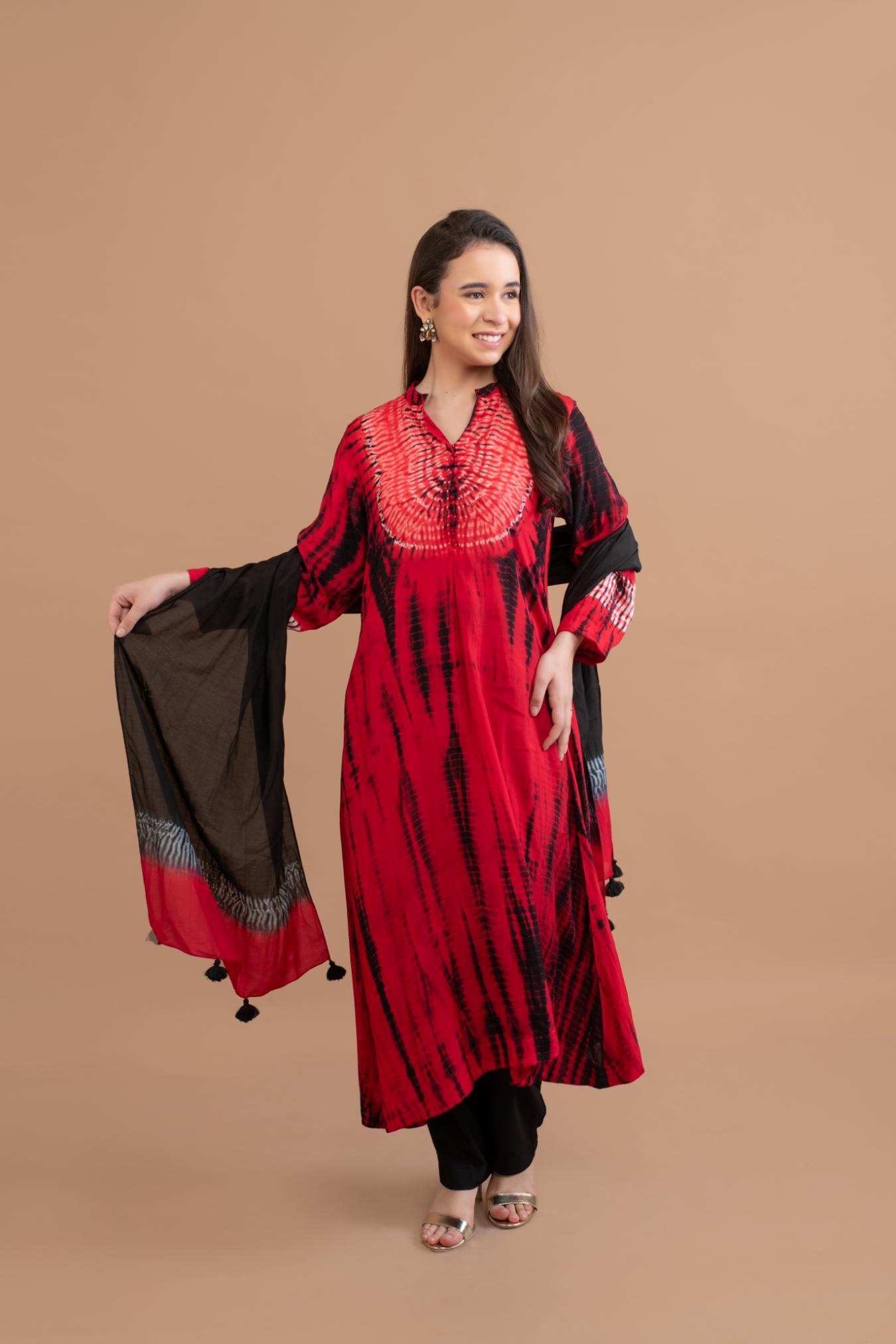 RED BLACK SHIBORI YOKE AND TIE DYE KURTA SET OF 3