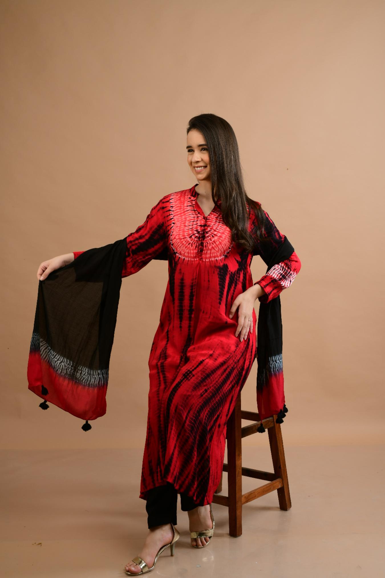 RED BLACK SHIBORI YOKE AND TIE DYE KURTA SET OF 3