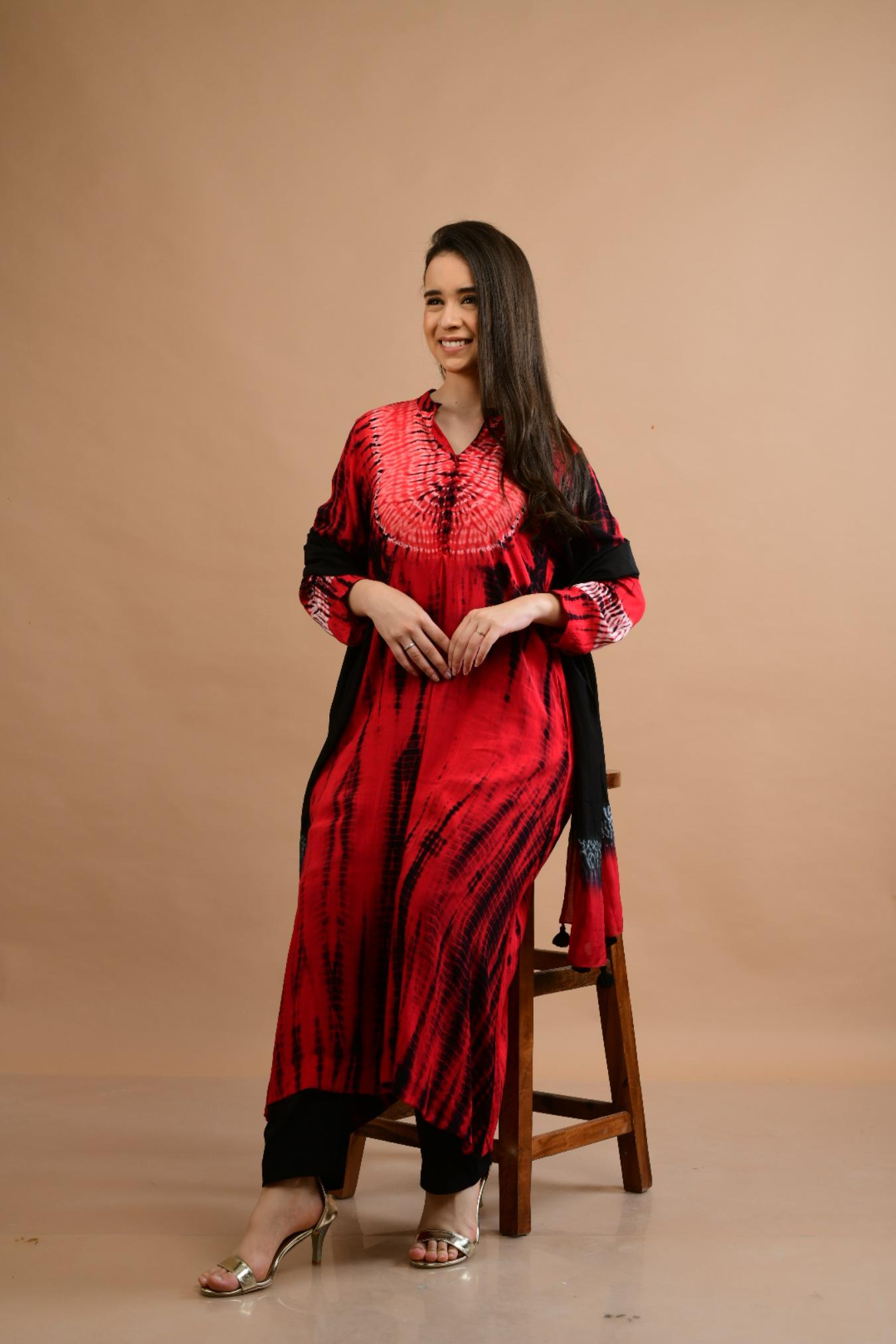 RED BLACK SHIBORI YOKE AND TIE DYE KURTA SET OF 3