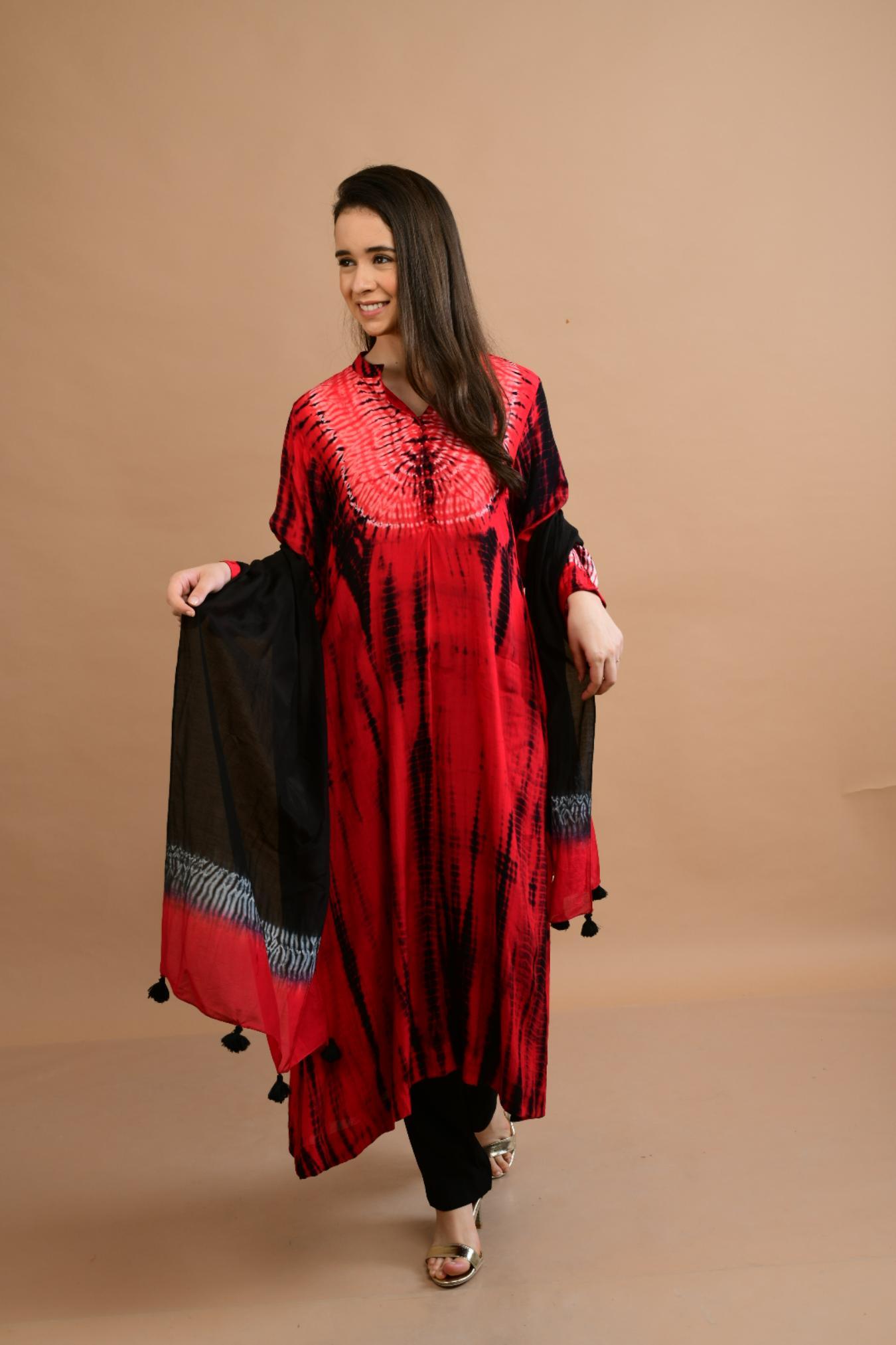 RED BLACK SHIBORI YOKE AND TIE DYE KURTA SET OF 3