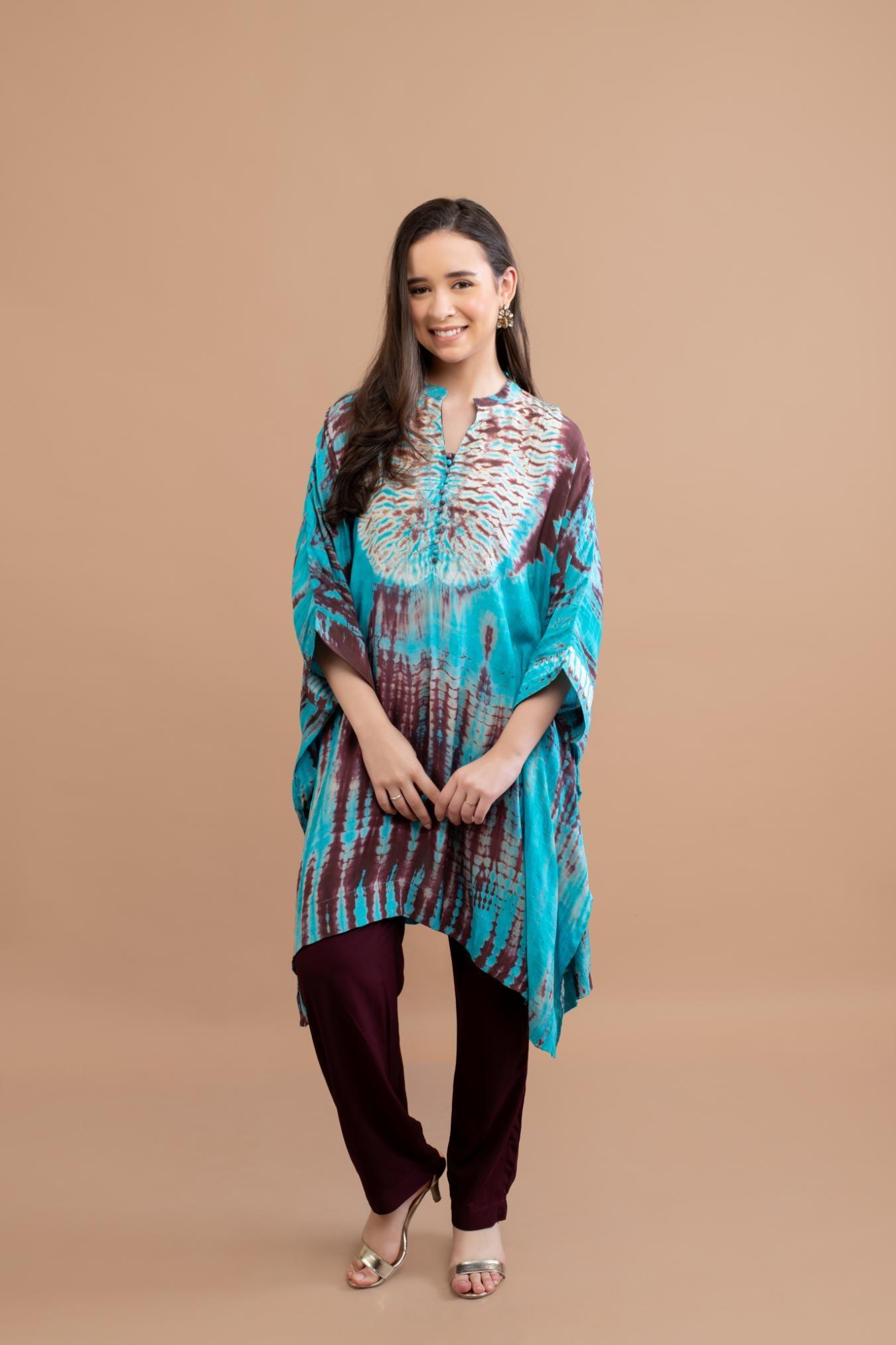 TURQUOISE BLUE SHIBORI YOKE AND TUNIC SET OF 2