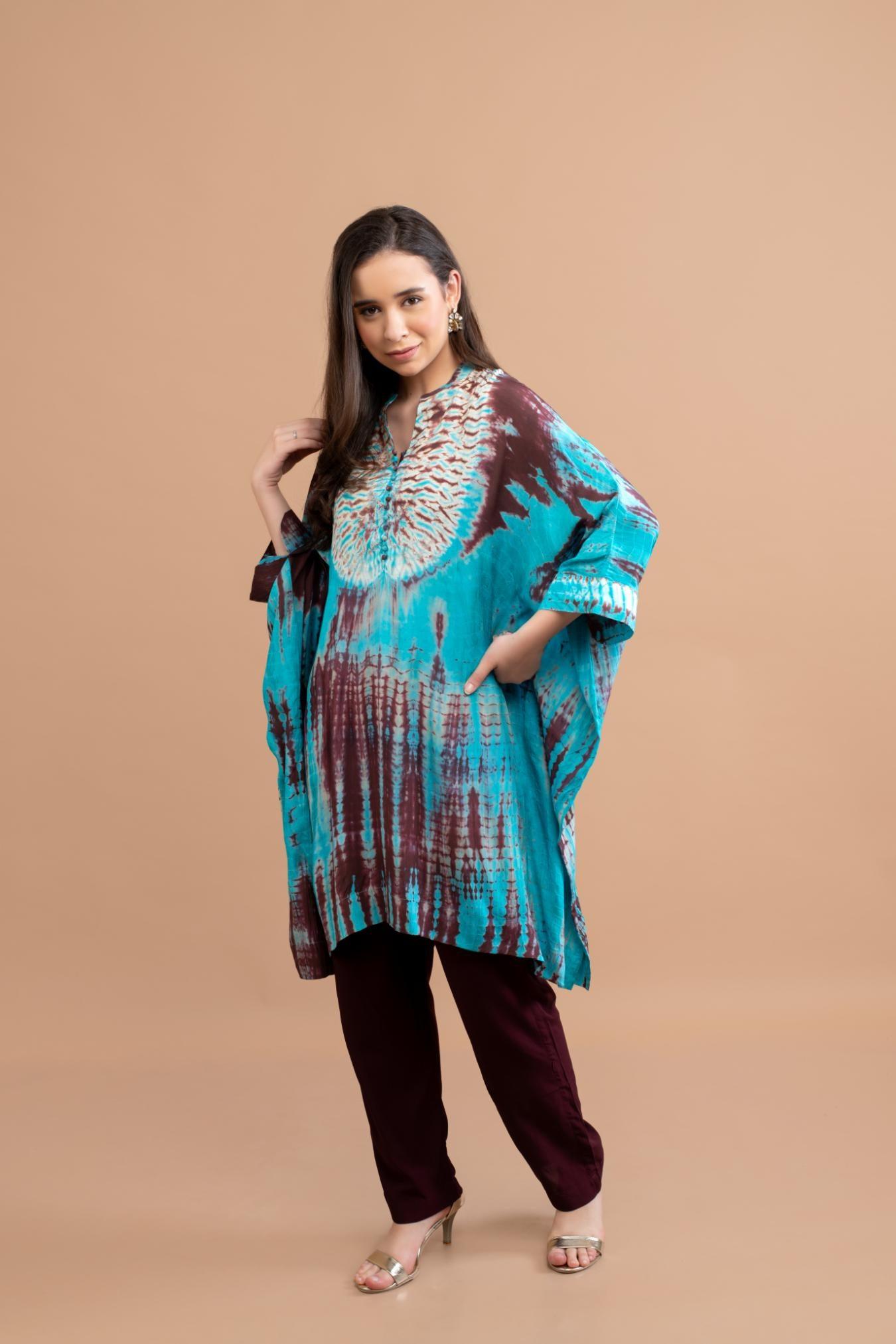 TURQUOISE BLUE SHIBORI YOKE AND TUNIC SET OF 2