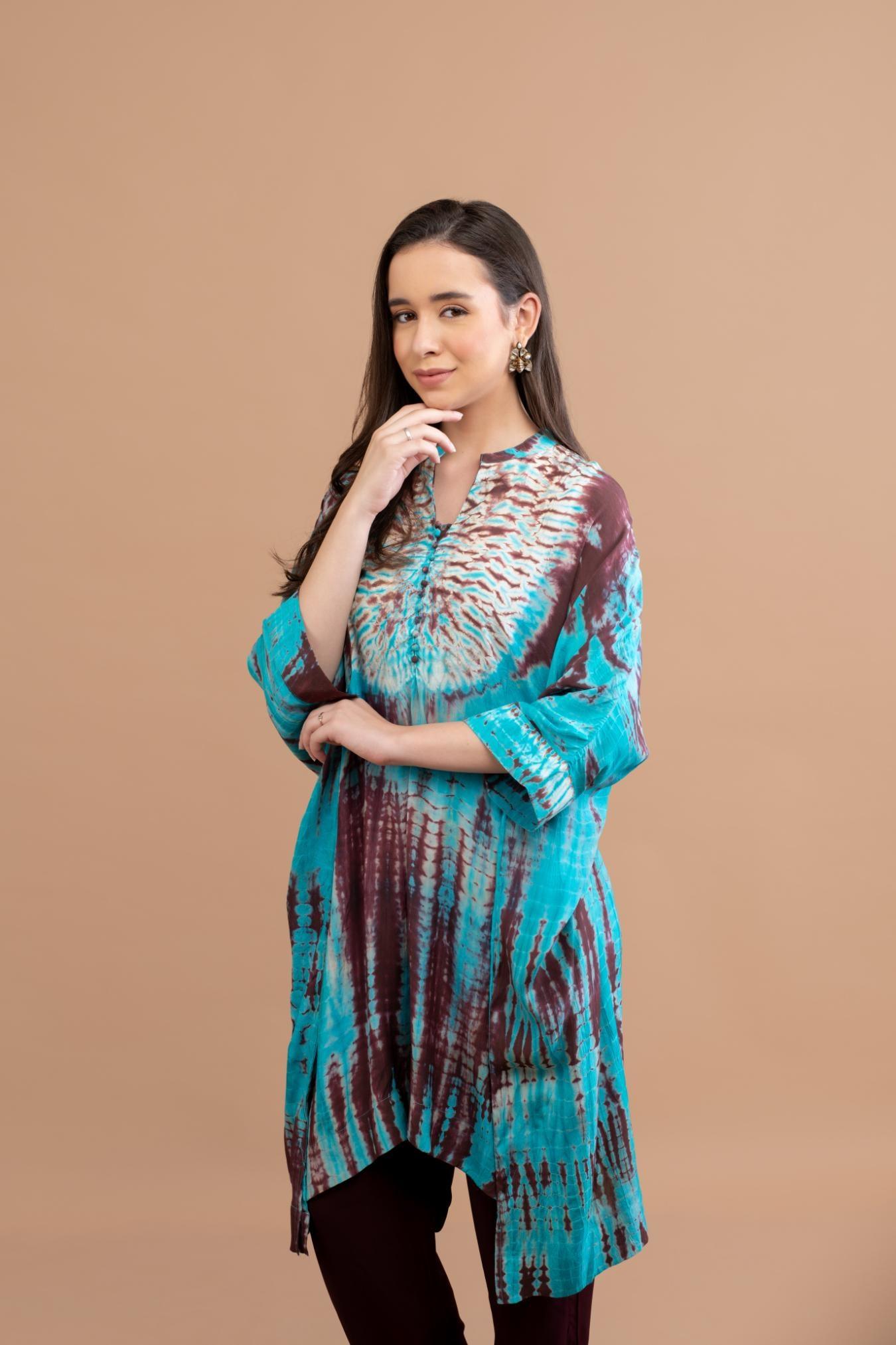 TURQUOISE BLUE SHIBORI YOKE AND TUNIC SET OF 2