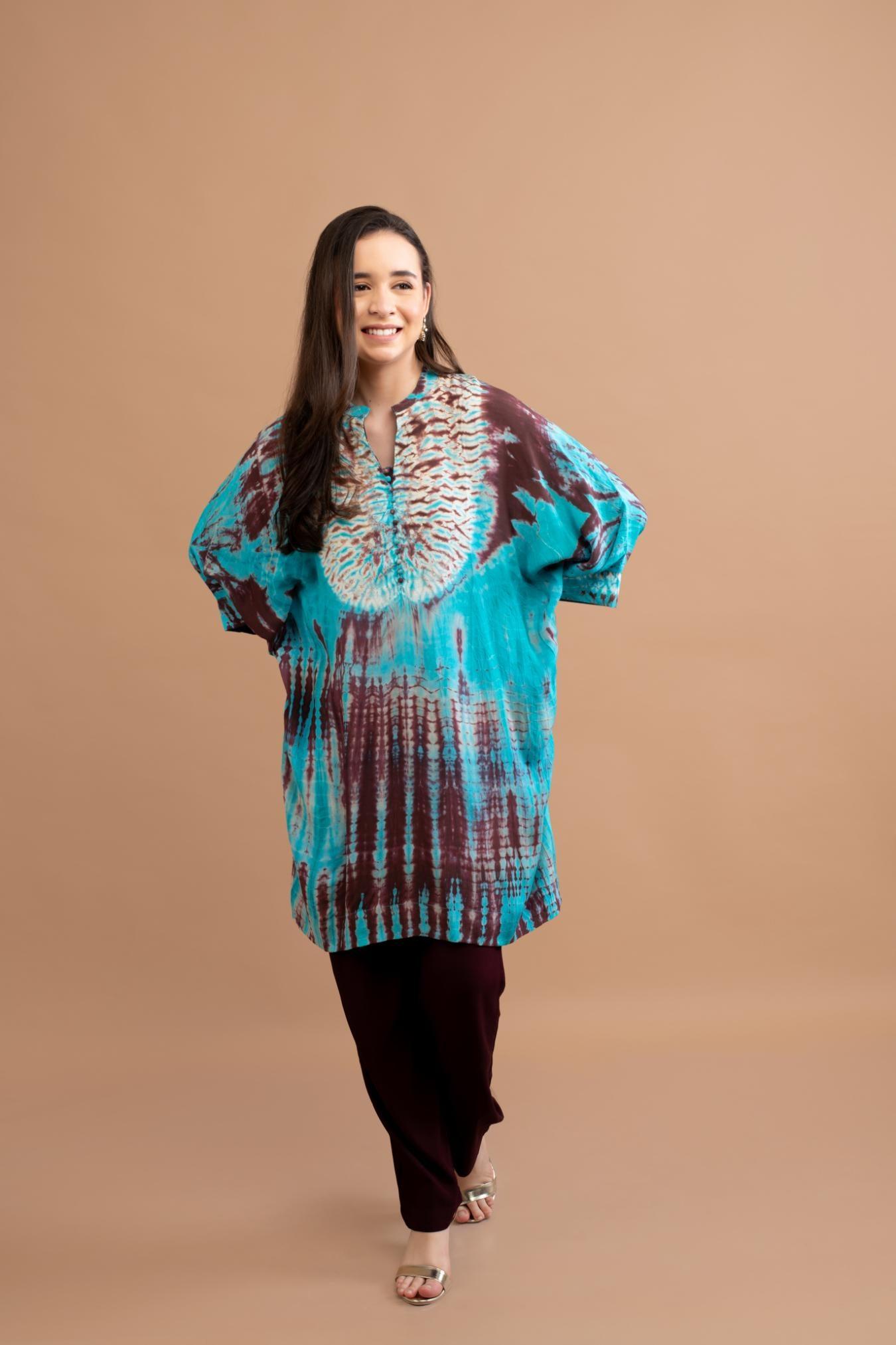 TURQUOISE BLUE SHIBORI YOKE AND TUNIC SET OF 2