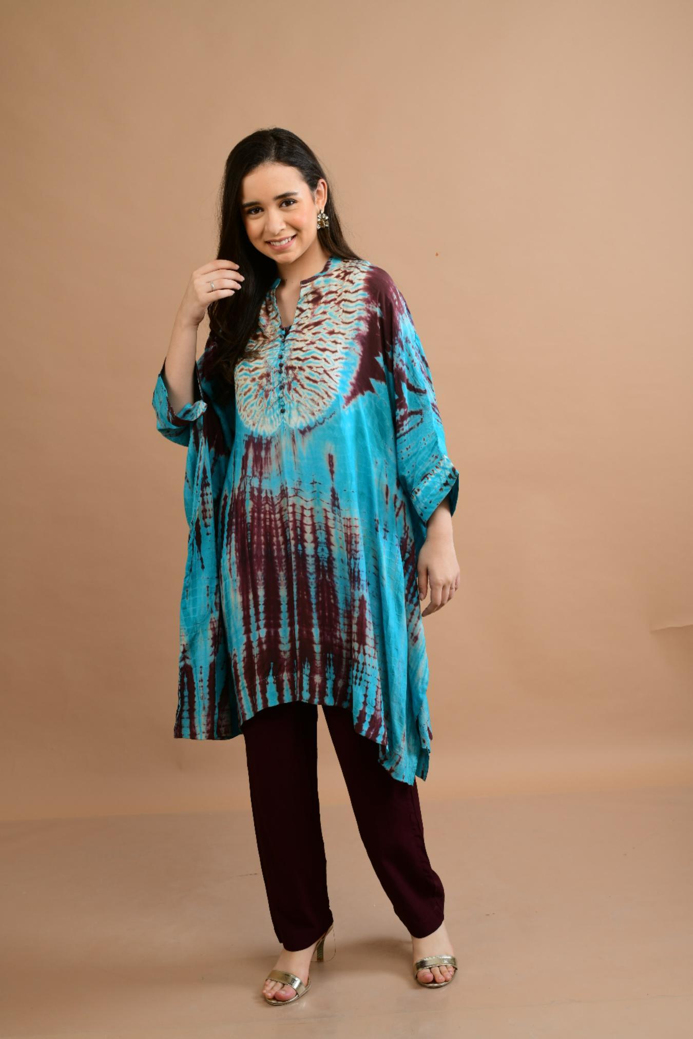 TURQUOISE BLUE SHIBORI YOKE AND TUNIC SET OF 2