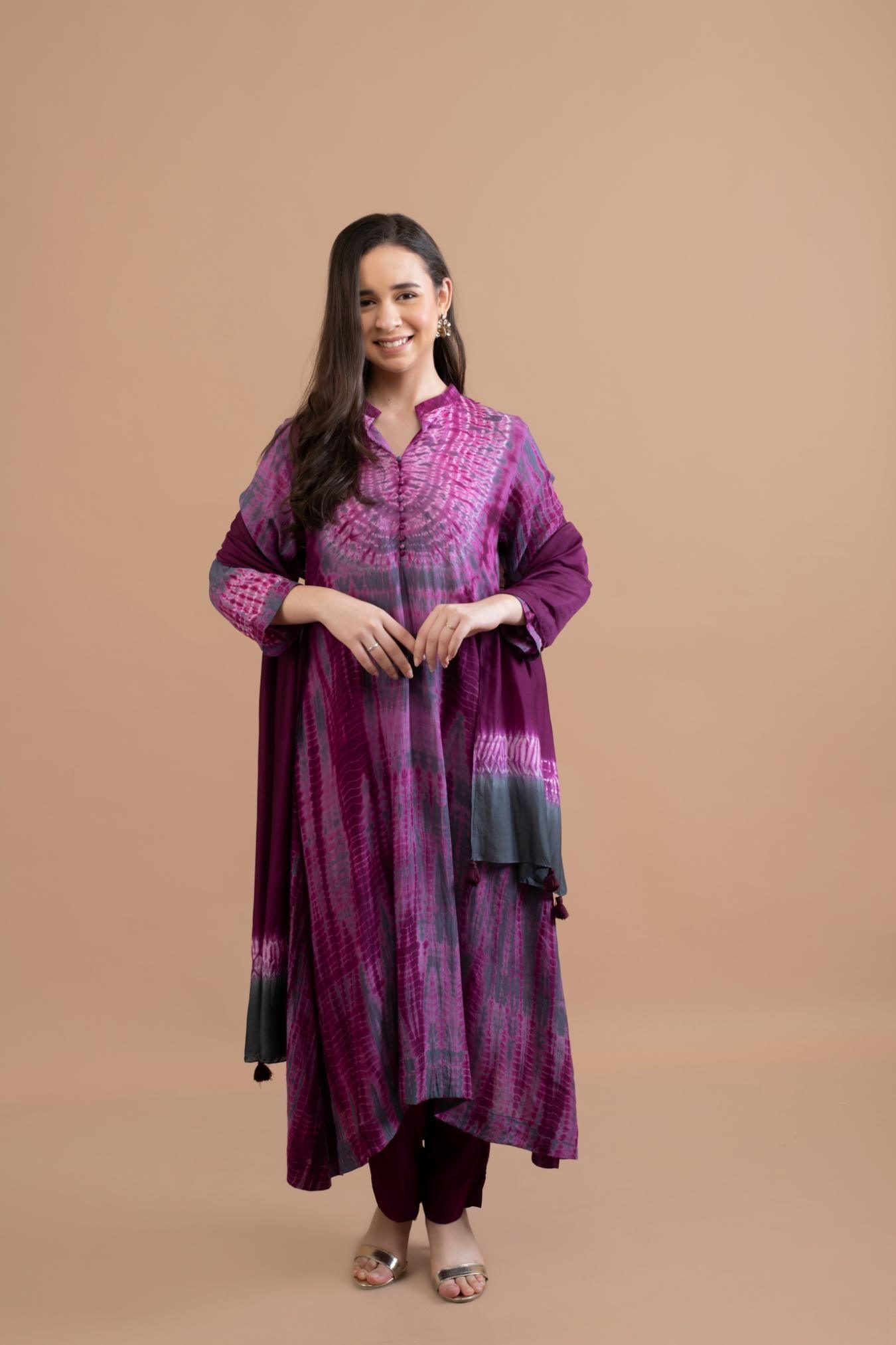 WINE PURPLE SHIBORI YOKE AND TIE DYE KURTA SET OF 3