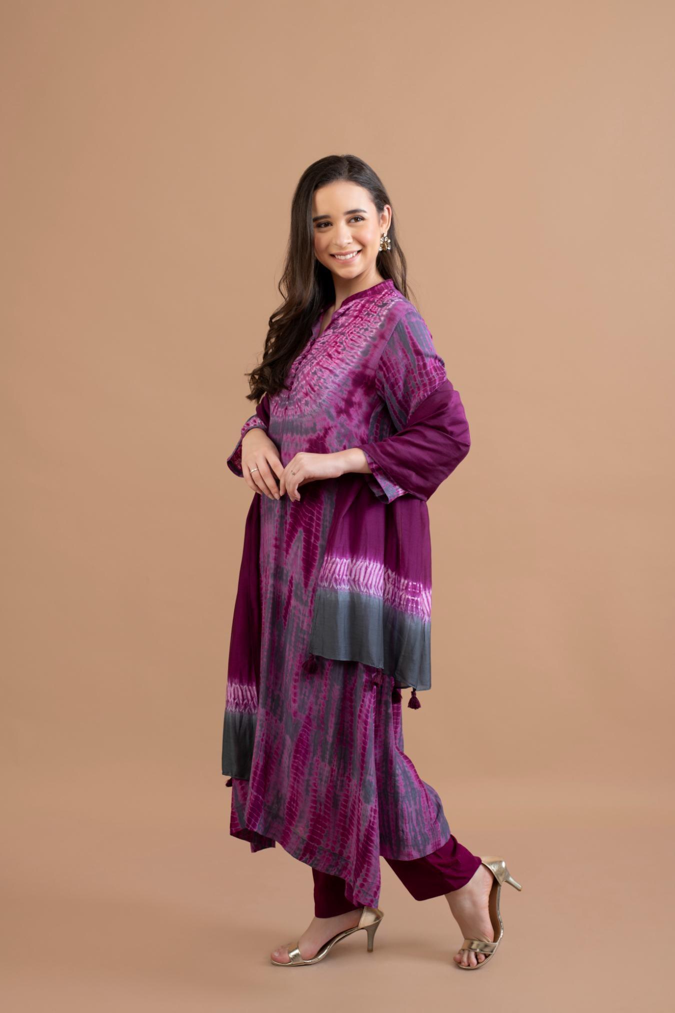 WINE PURPLE SHIBORI YOKE AND TIE DYE KURTA SET OF 3