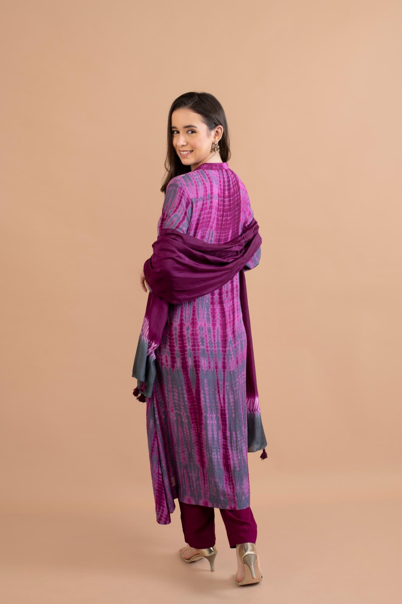 WINE PURPLE SHIBORI YOKE AND TIE DYE KURTA SET OF 3