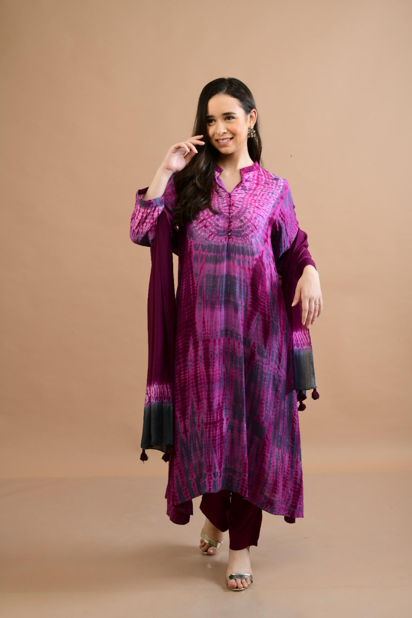 WINE PURPLE SHIBORI YOKE AND TIE DYE KURTA SET OF 3