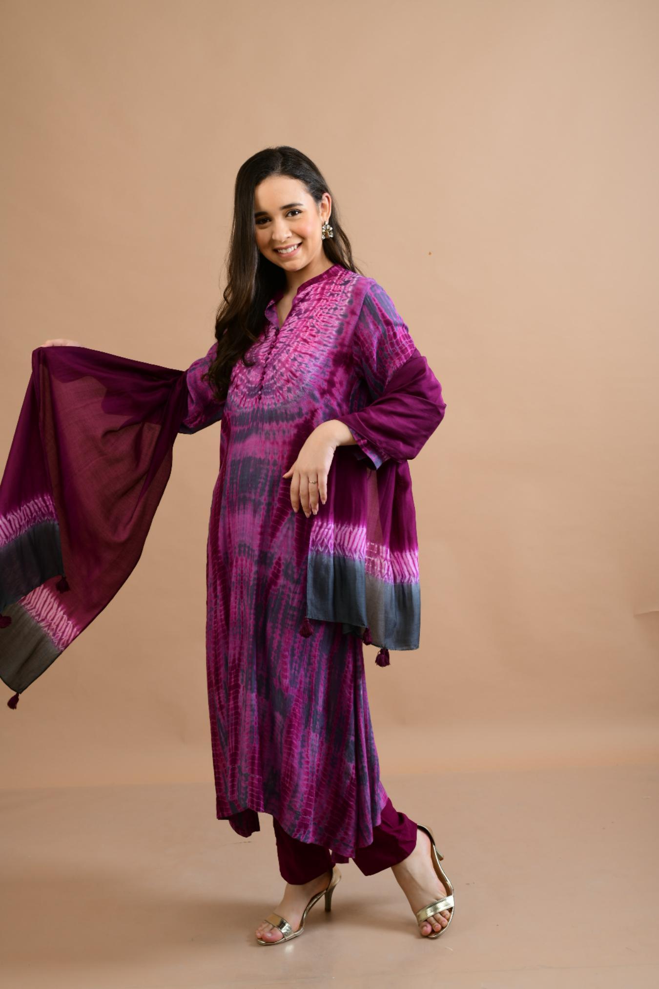WINE PURPLE SHIBORI YOKE AND TIE DYE KURTA SET OF 3