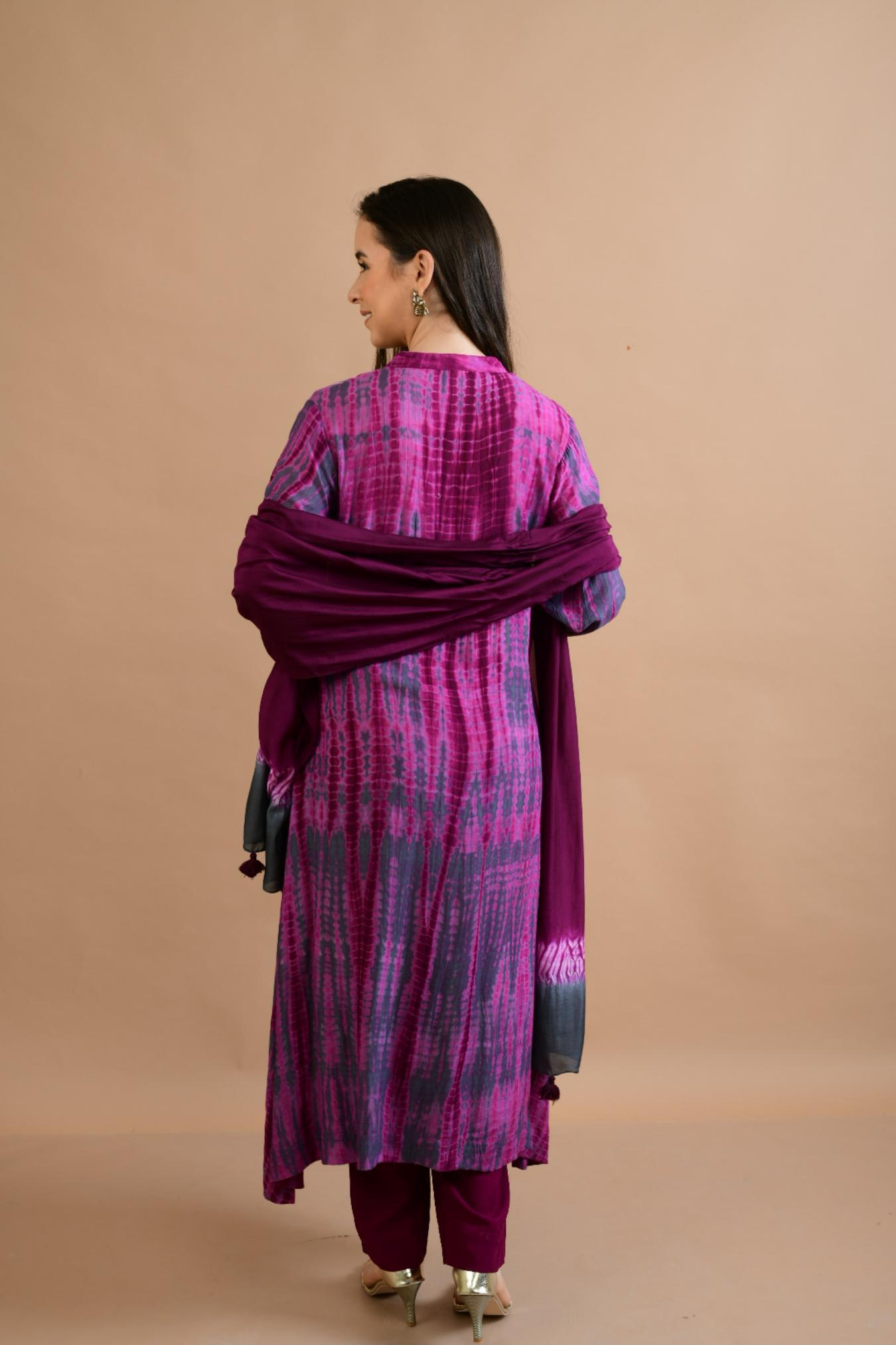 WINE PURPLE SHIBORI YOKE AND TIE DYE KURTA SET OF 3