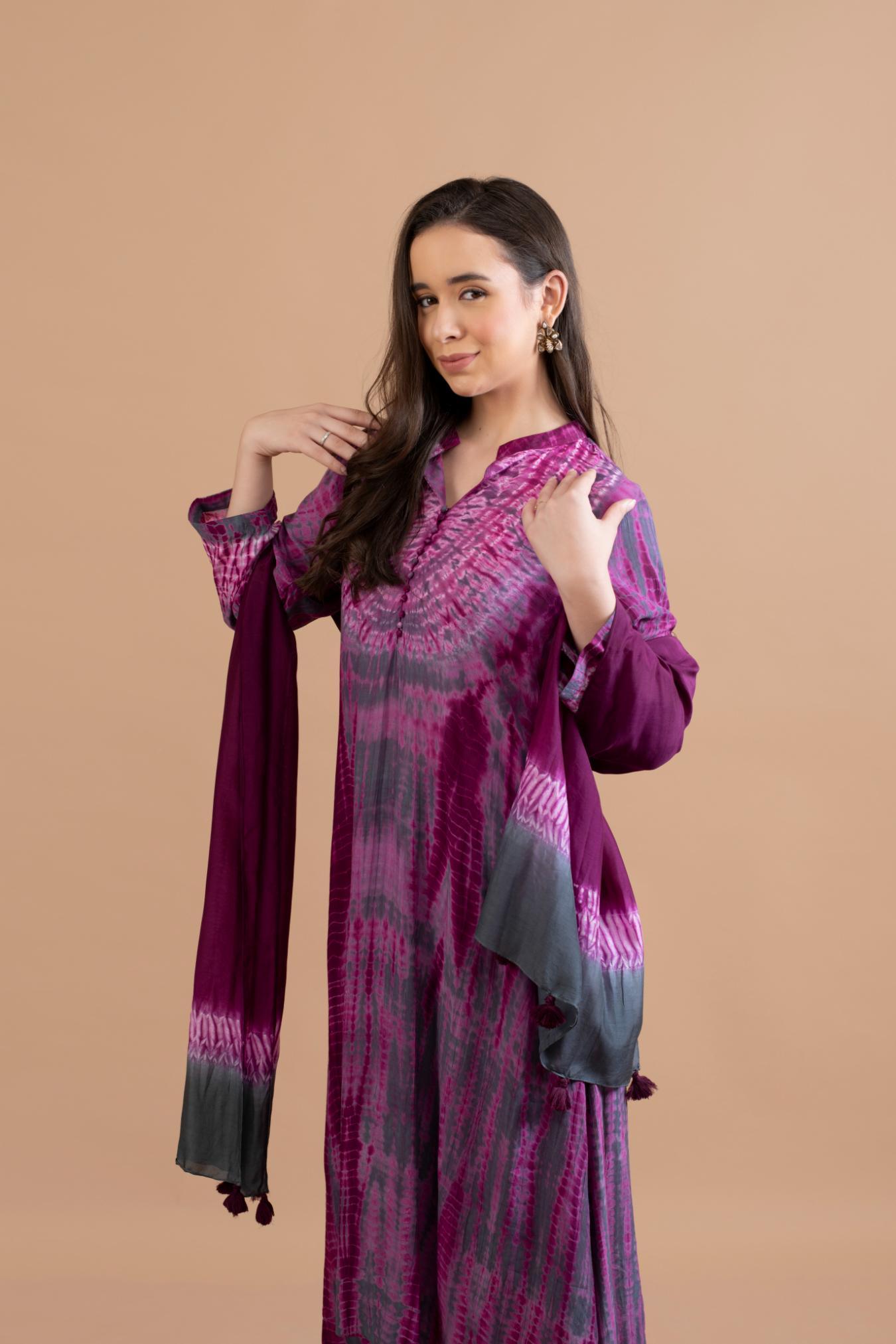 WINE PURPLE SHIBORI YOKE AND TIE DYE KURTA SET OF 3