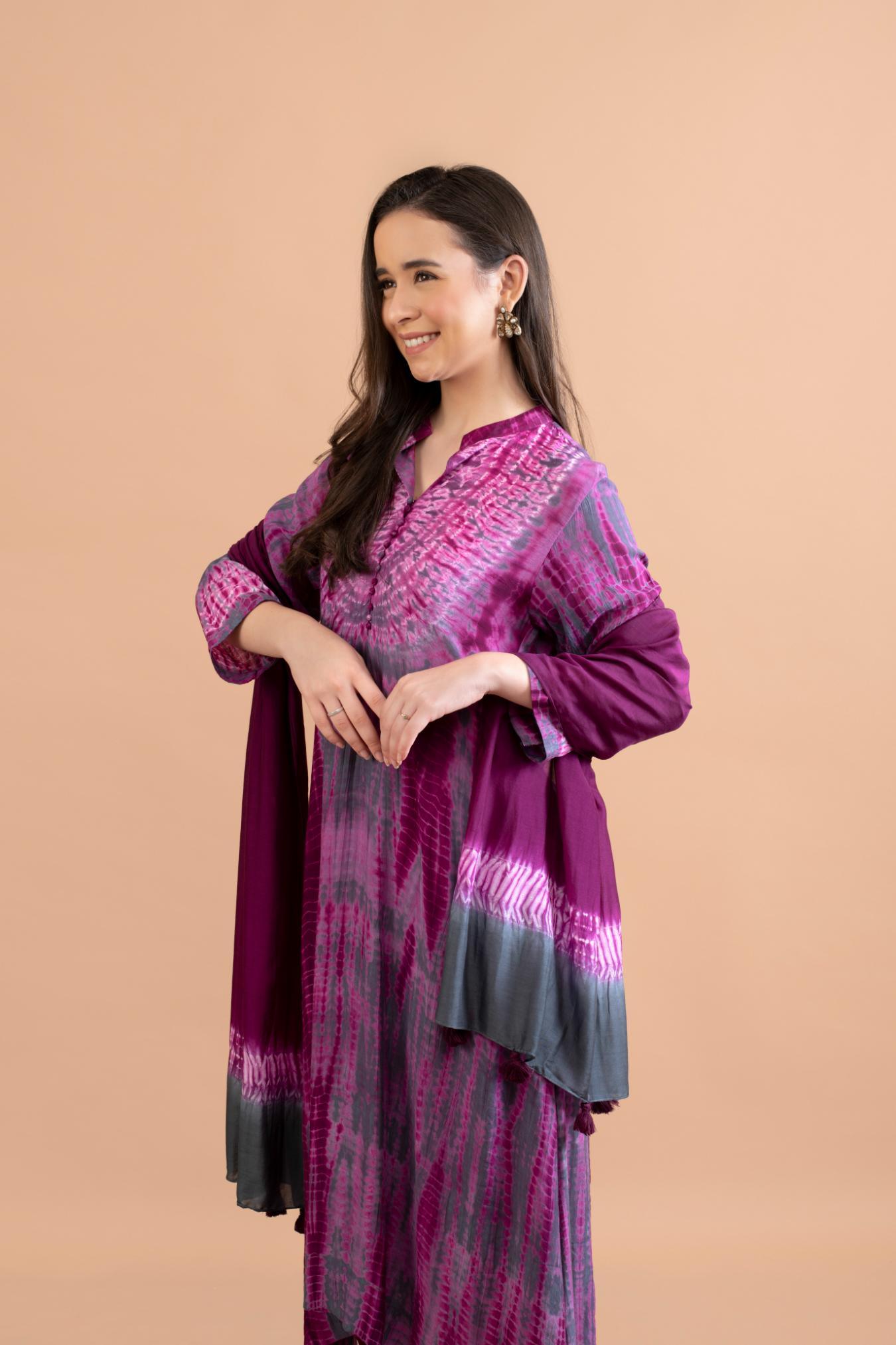 WINE PURPLE SHIBORI YOKE AND TIE DYE KURTA SET OF 3