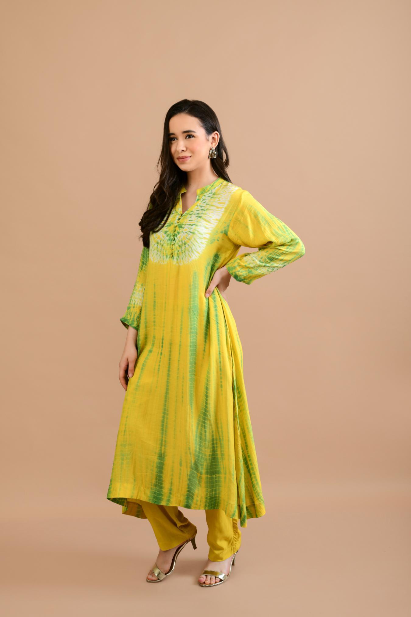 YELLOW GREEN SHIBORI YOKE AND TIE DYE KURTA SET OF 3